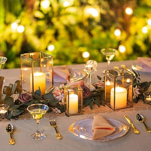 Miniatura 4 de Glasseam Portavelas de cristal de huracán, juego de 3 portavelas de pilar dorado, modernos portavelas cuadrados para velas de pilar, portavelas