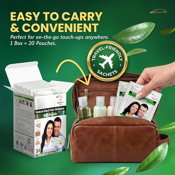 BIOGREEN ROOTS Ammonia-Free & Paraben Free Herbal Hair Shampoo - Hair Dye Shampoo for Women & Men - Natural Color & Herbal Nourishment - No Stain on Skin - Natural Black (20 sachets x 25 ml)