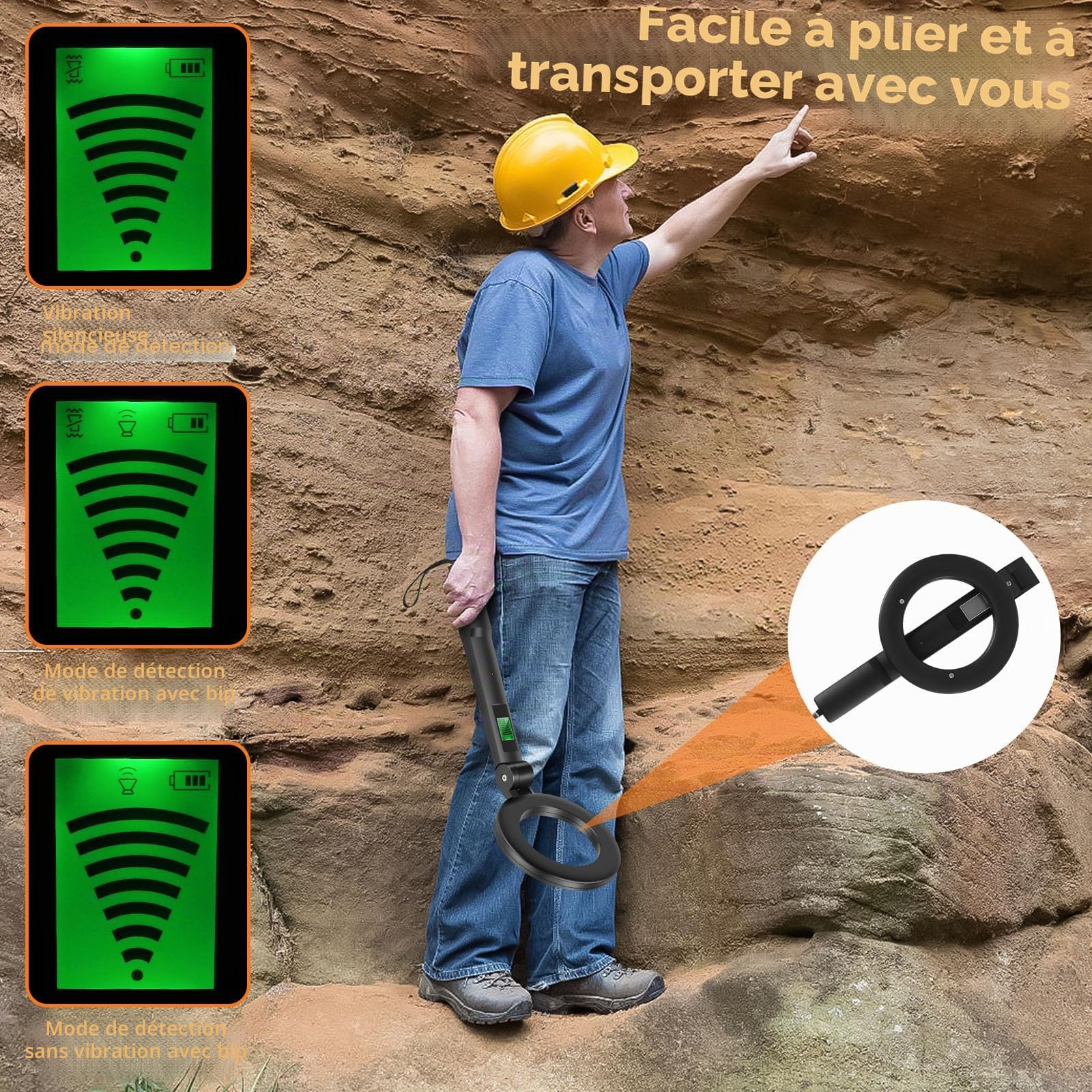 Détecteur de métaux pliable, écran LCD portable, outil de détection métal avec 3 modes réglables, détecteur léger à haute sensibilité avec bobine étanche pour enfants