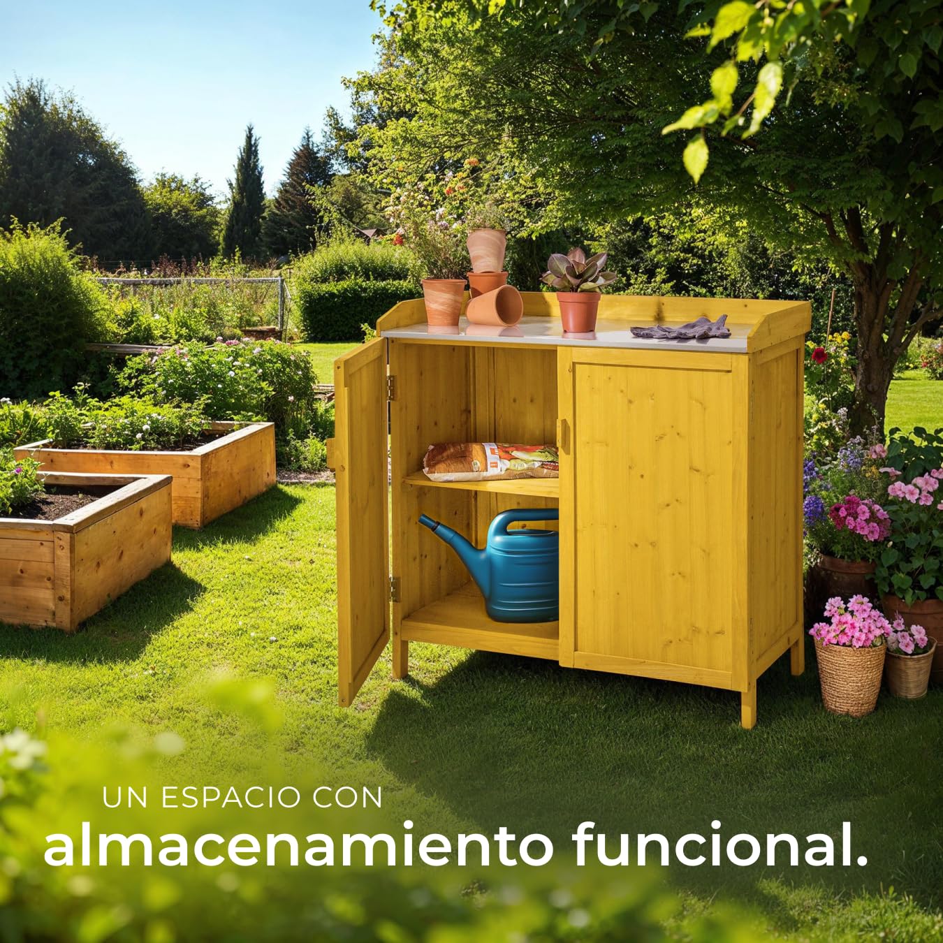tectake® Armario Exterior de Madera con Estanterias Almacenaje, Ideal para Muebles Jardin Exterior y Jardin, con Superficie Galvanizada y Espacio Protegido para Almacenamiento - 98 x 48 x 95 cm