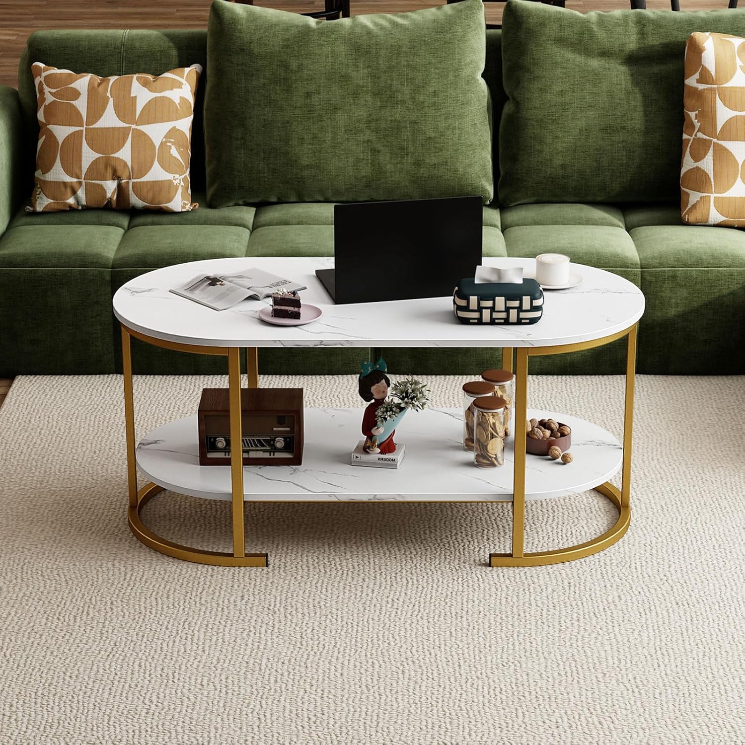 Giantex 2-Tier Coffee Table, Oval Center Table with Faux Marble Top & Open Storage Shelf, Modern Accent Table with Heavy Duty Metal Frame, Oval Coffee Tables for Living Room, White and Gold