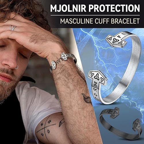 Vista 8 de FaithHeart Brazalete vikingo para hombres y mujeres, de acero inoxidable, martillo de Thor, lobocelta, con nudo personalizado personalizable