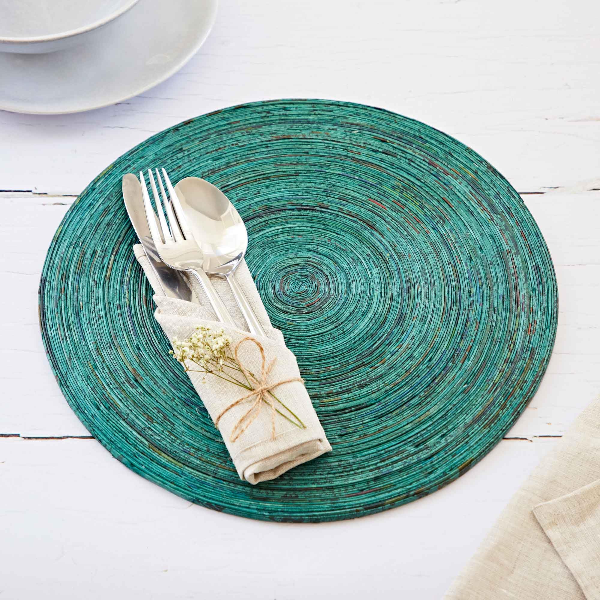 Recycled Newspaper Round Placemats - Teal | Large | Sustainable Placemats | Handmade Colourful Placemats | Fair Trade Gifts for Men and Women