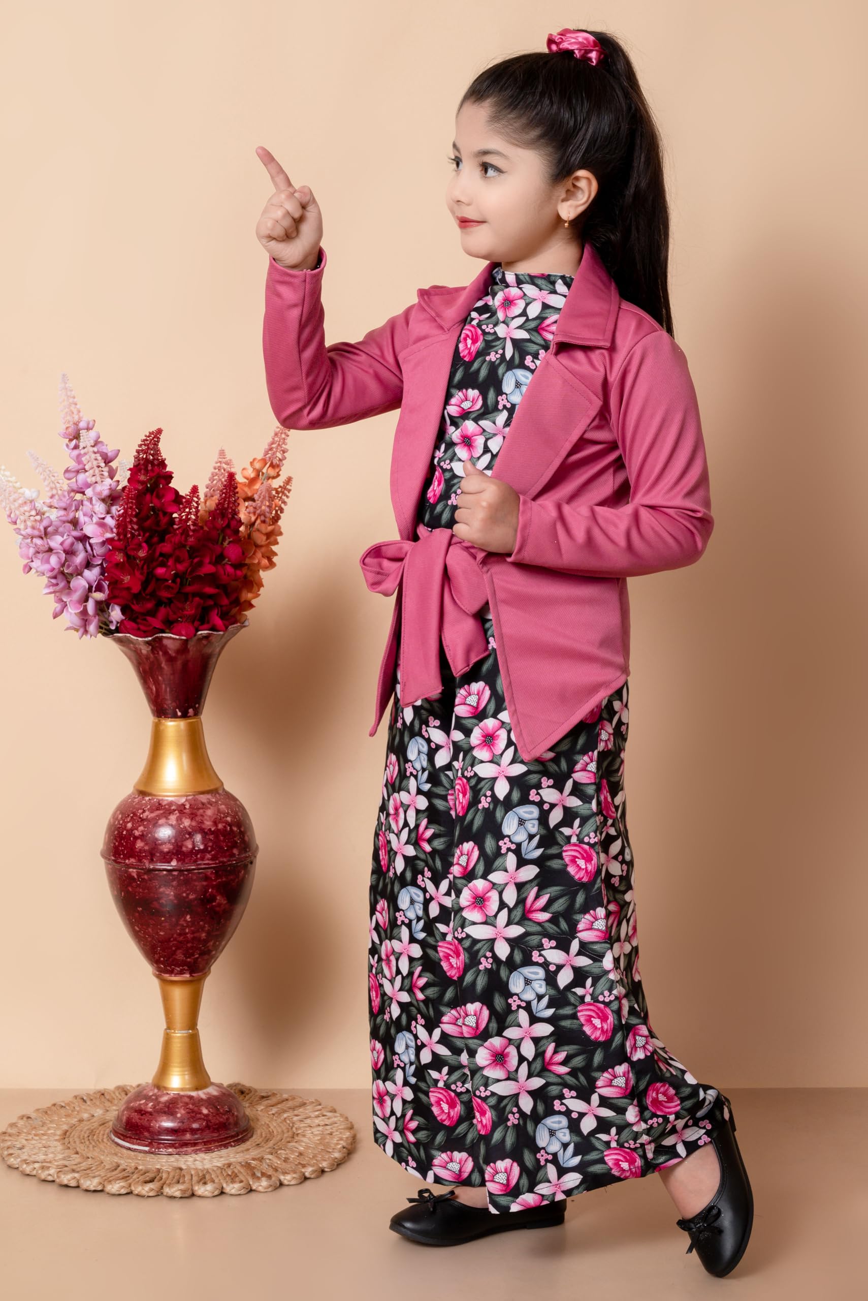 SPAMitude Girls Self Designed Premium Cotton Jacket Jumpsuit Dress | Floral Printed Jumpsuit Jacket Set for Birthday Girl (10-11 years, Pink) - Image 6 thumbnail