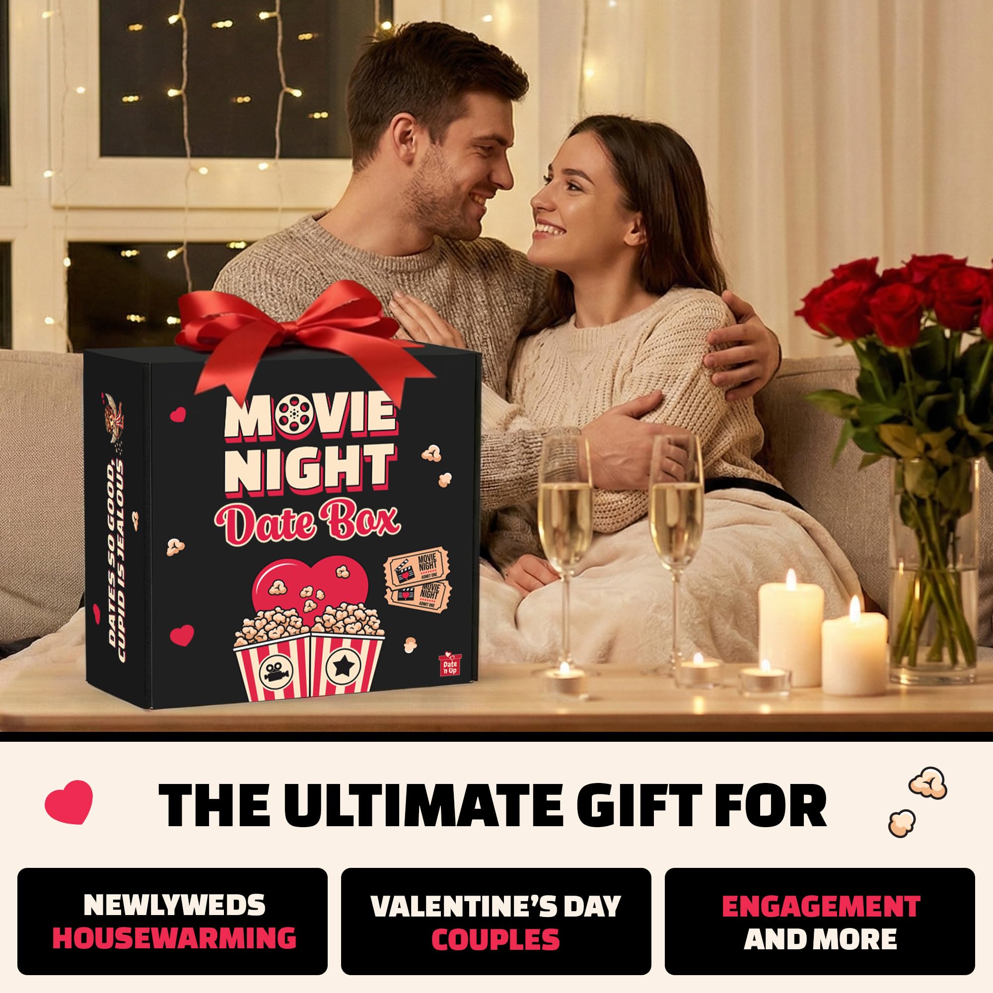 Movie Night Date Night Box for Couples, Perfect Valentines Day Gifts with Couples Blanket, Popcorn Bowl Buckets, Re-usable Cups, Date Night Generator Cards, Movie Genre Dice, Gifts for Movie Lovers