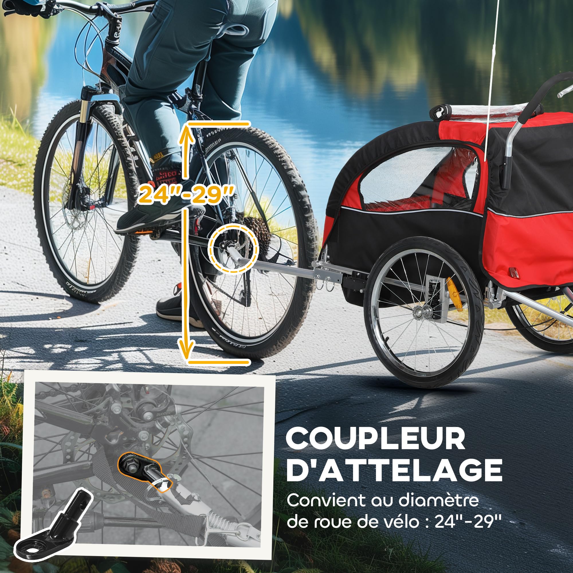 HOMCOM Remorque Velo Enfant 2 en 1 Poussette vélo bébé 2 Places avec Ceinture de sécurité 5 Points, réflecteurs, Drapeau et Rideau Coupe-Vent, Charge 40 Kg
