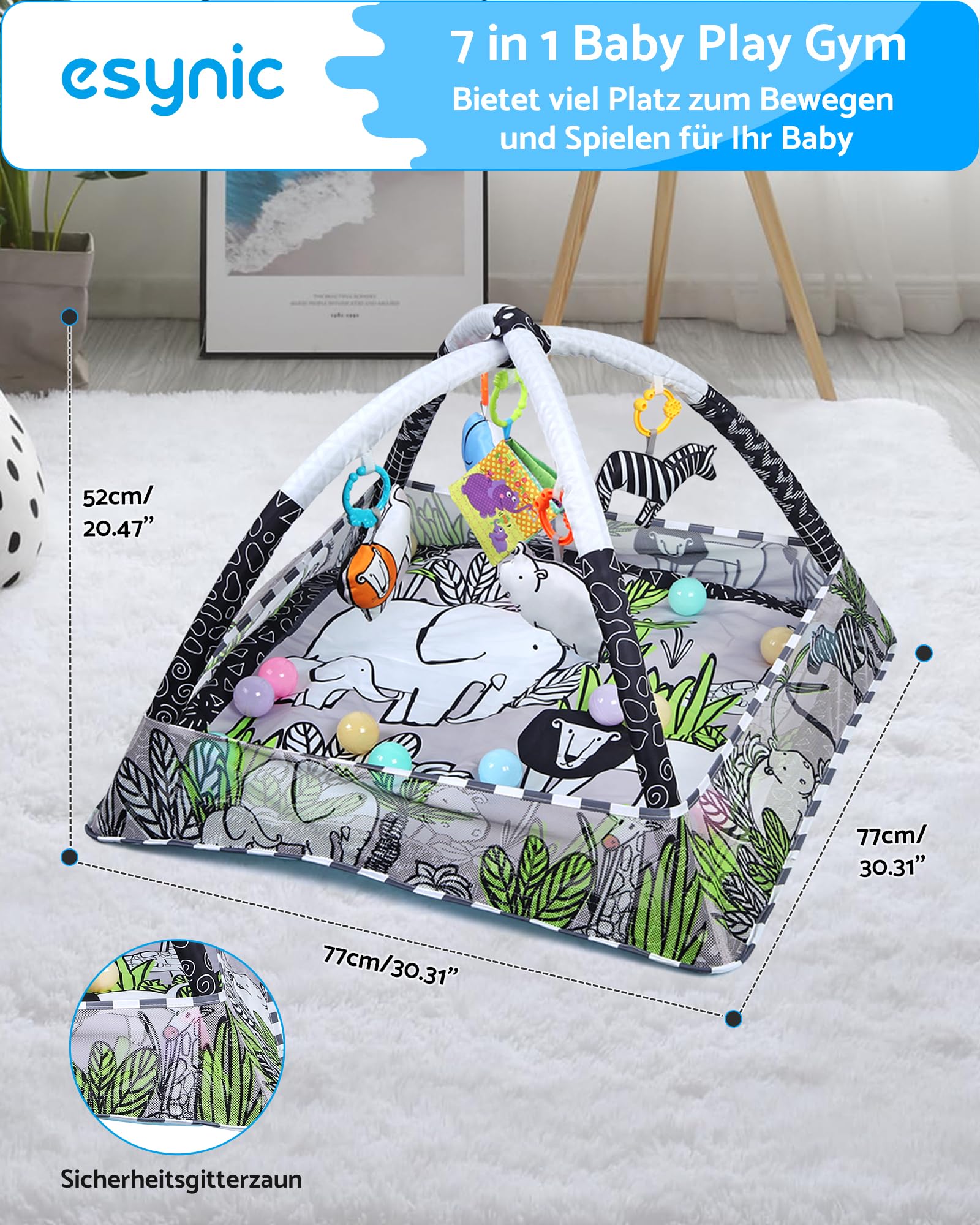 eSynic Baby Gym Spielmatte Spielbogen 7 in 1 Kickin' Tunes Spieldecke Krabbeldecke mit 5 Abnehmbaren Spielzeugen Montessori für Babys von 0-18 Monaten Schwarz-Weiß Kontrast 18 Spielbälle
