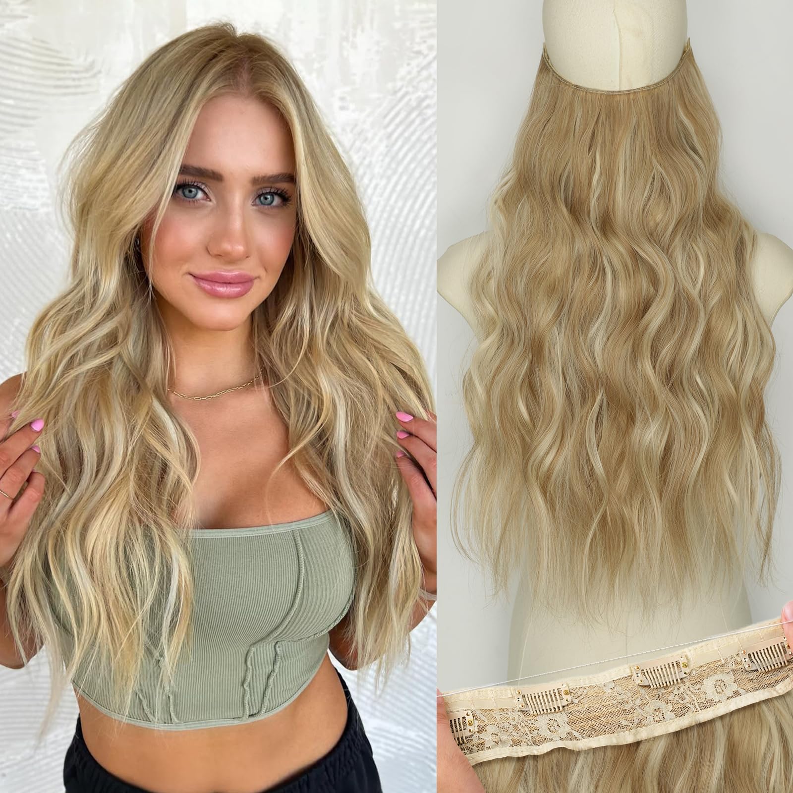 KooKaStyle Invisible Wire Hair Extensions with Transparent Wire Adjustable Size 4 Secure Clips Long Wavy Curly Secret Synthetic Hairpieces(20 Inch,