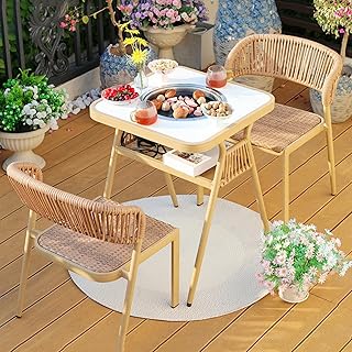Dalumian Mesa de Barbacoa para Exterior, Mesa de Parrilla eléctrica, Juego de Mesa y sillas de Cocina de Madera con 2 sillas de ratán y 1 Bandeja para Hornear, Cocina de inducción de 2000 W(White)