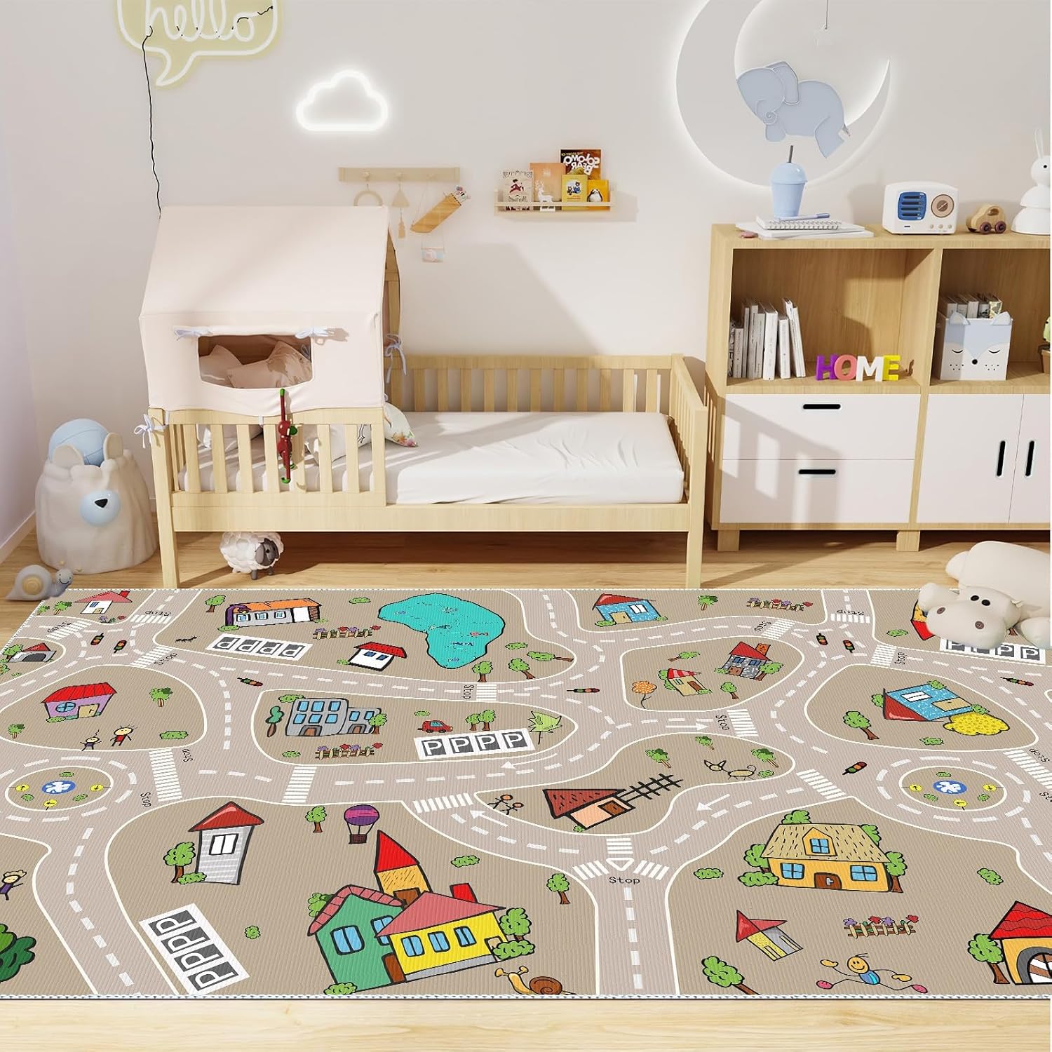 Kids Playroom Rug – Car & Train Track Play Mat, Road Design for Toy Cars, Machine Washable, Multiple Sizes, Perfect for Boys & Girls