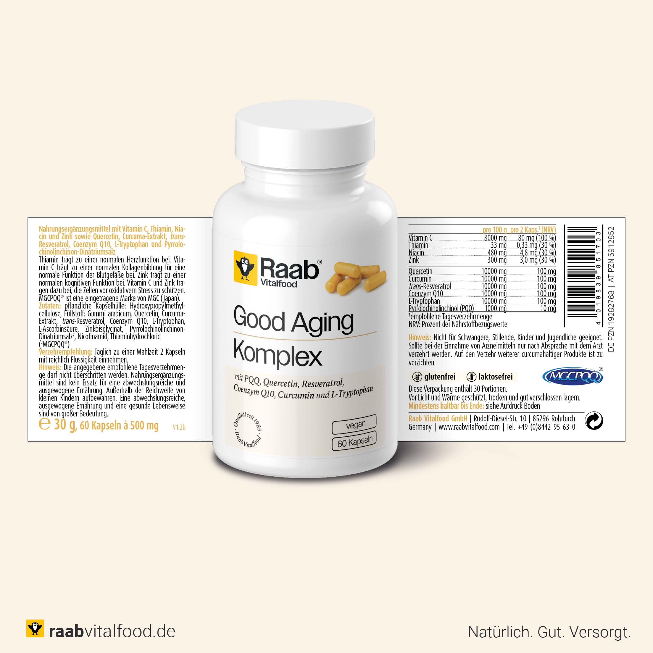 Raab Vitalfood® Good Aging Komplex Kapseln (60 Stück) - 10 in 1 Kapsel für gutes Altern, mit PQQ (MGCPQQ®), Quercetin, Curcuma, trans-Resveratrol, Coenzym Q10, L-Tryptophan, Zink und Vitaminen