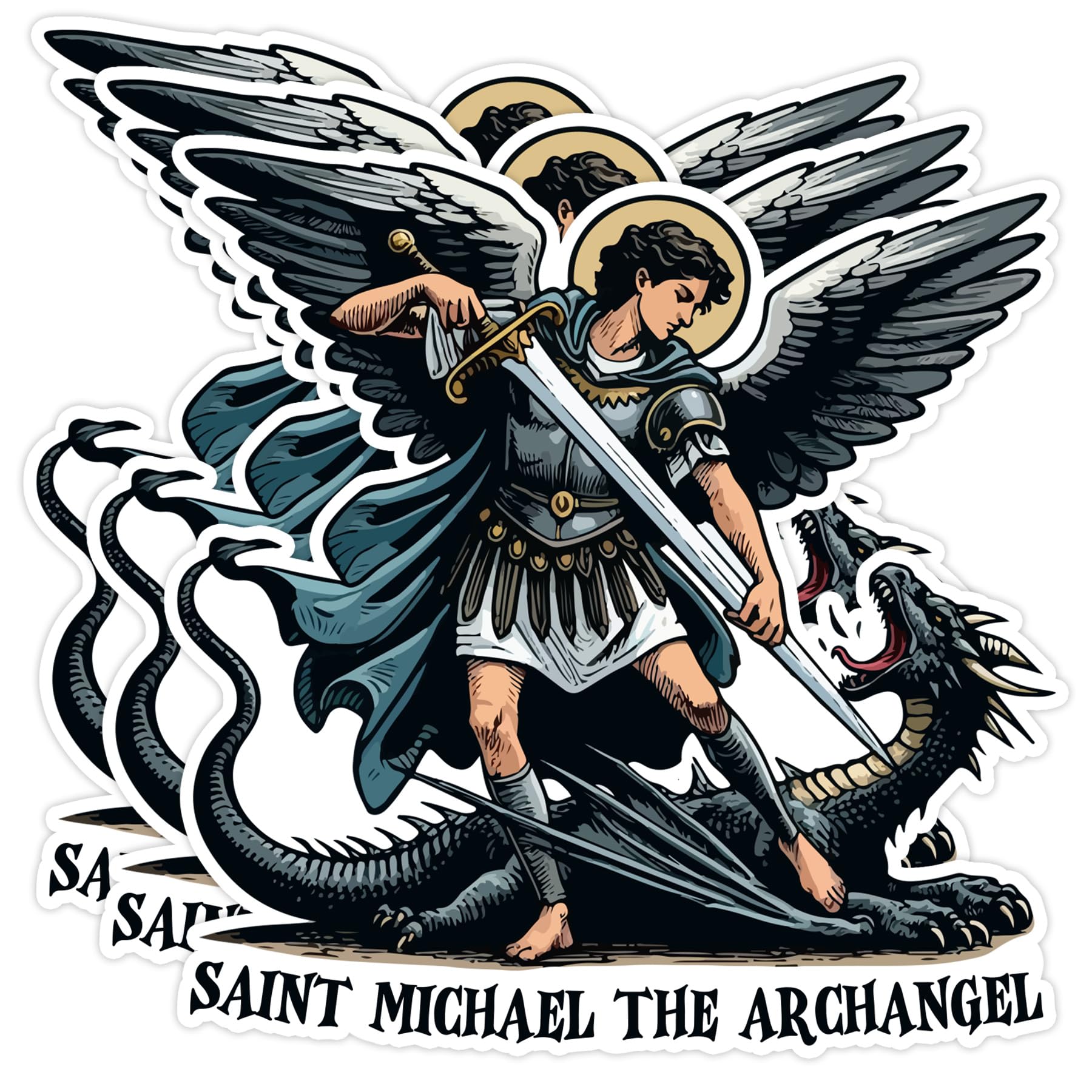 (Spelling Fixed) 3 Pcs Saint Michael The Archangel Sticker 2 Inch – Catholic Christian Religious Decal – Archangel Defeating Dragon Biblical Warrior