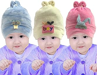 True Indian Baby Winter Warm and Soft Cap | Newborn Kid's Hat | Cute Cap for Winter | Woolen Cap for Boys & Girls Pack of 3