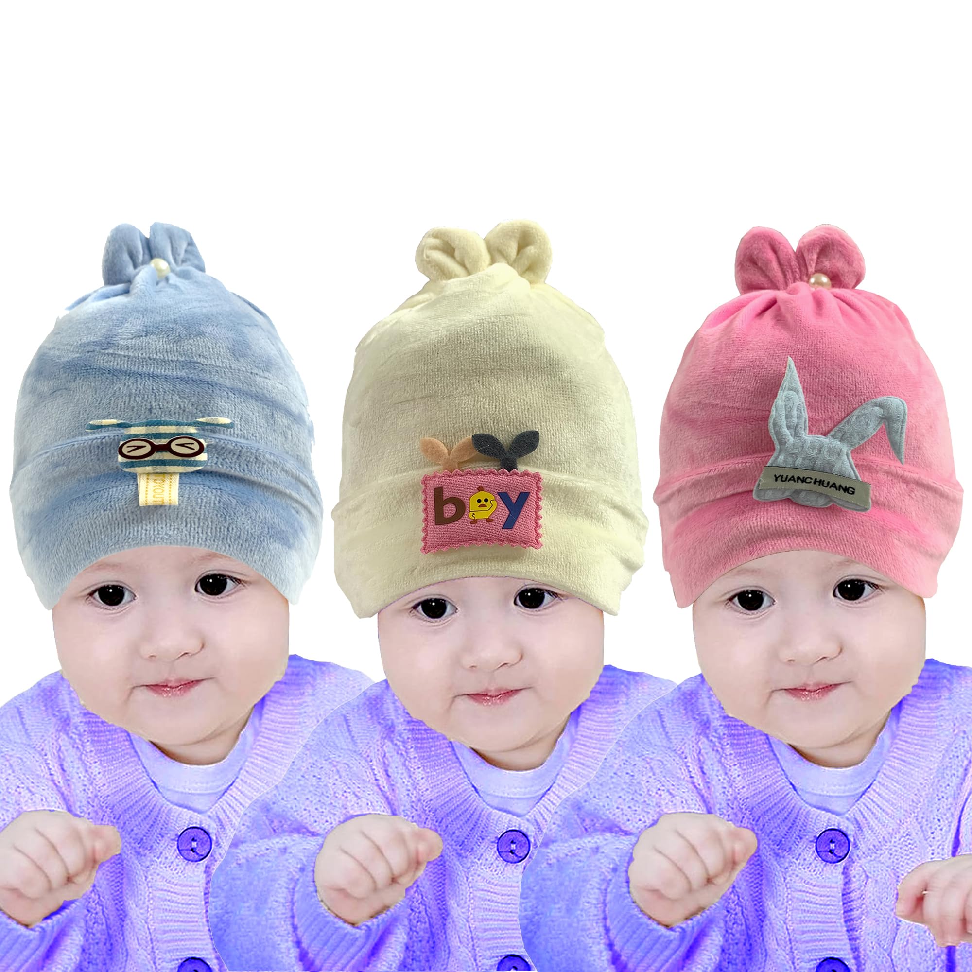 True Indian Baby Winter Warm and Soft Cap | Newborn Kid's Hat | Cute Cap for Winter | Woolen Cap for Boys & Girls Pack of 3