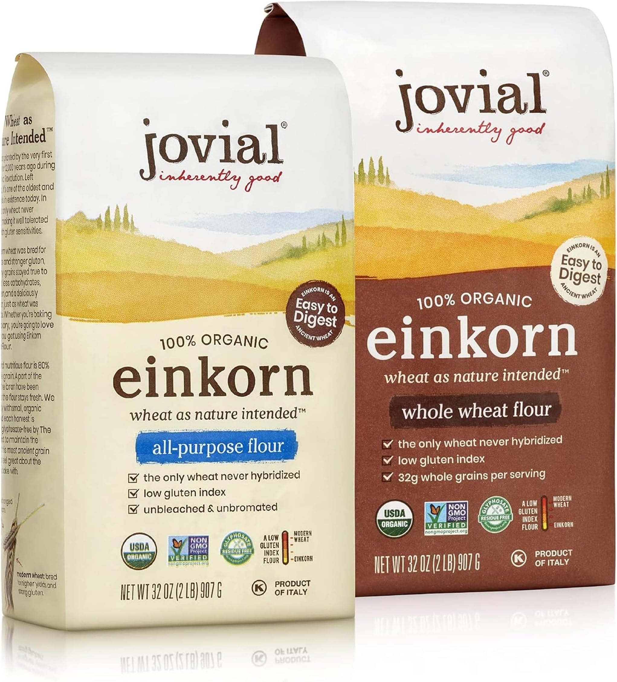 Organic Einkorn Whole Wheat & Unbleached All Purpose Flour - Bread Baking Flour for Sourdough, High Protein, Non-GMO, Organic Pizza & Pasta Flour, European Italian Flour - 32 Oz, 2 Pack