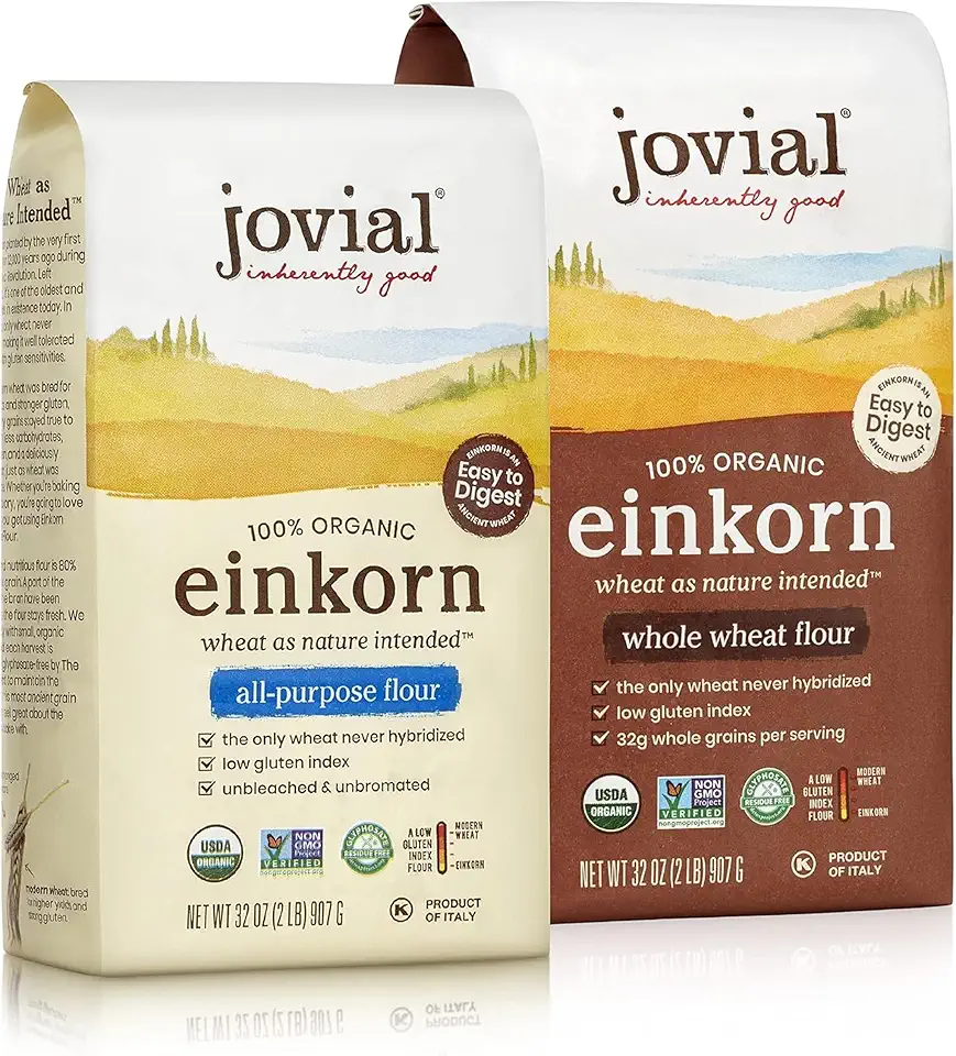 Jovial Organic Einkorn Whole Wheat &amp; Unbleached All Purpose Flour - Bread Baking Flour for Sourdough, High Protein, Non-GMO, Organic Pizza &amp; Pasta, European Italian - 32 Oz, 2 Pack USDA Organi