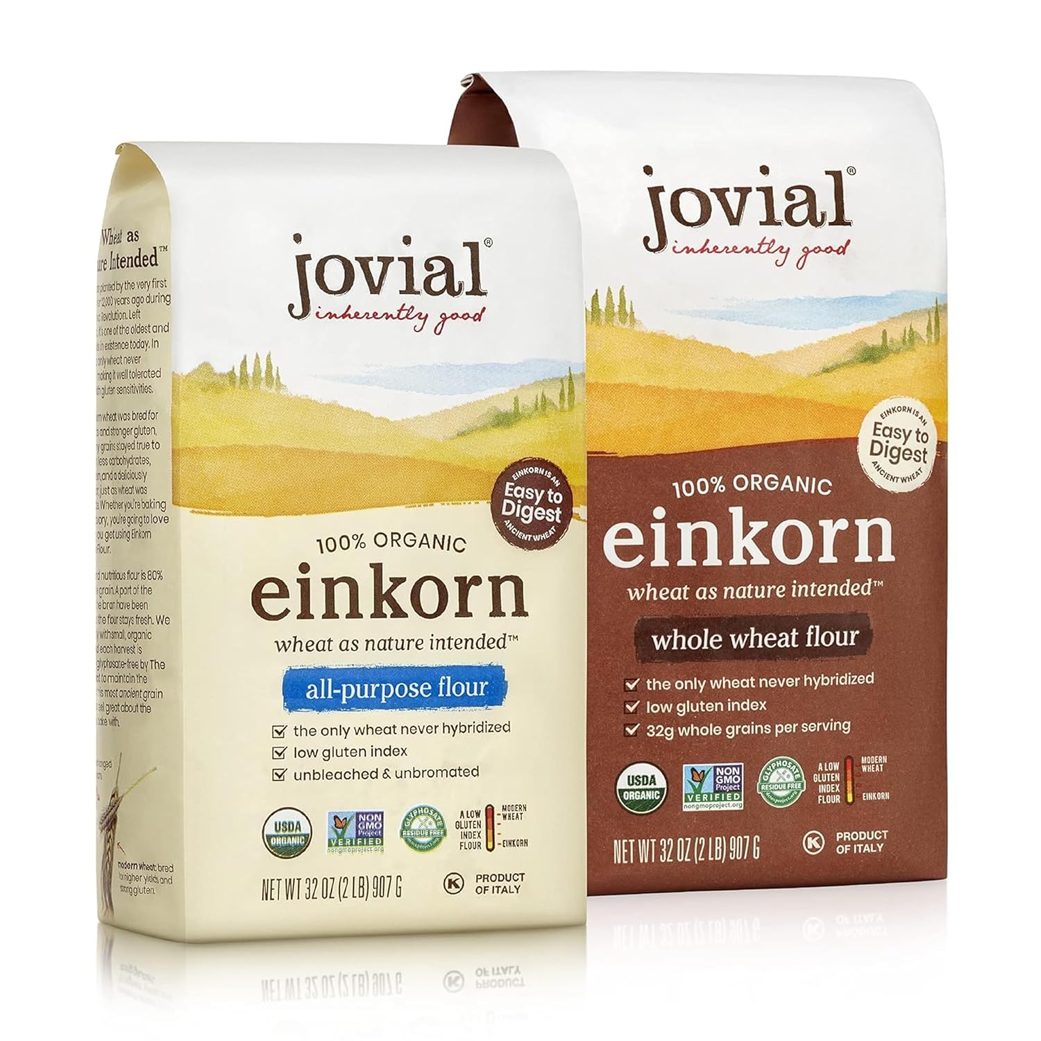 Jovial Organic Einkorn Whole Wheat & Unbleached All Purpose Flour - Bread Baking Flour for Sourdough, High Protein, Non-GMO, Organic Pizza & Pasta Flour, European Italian Flour - 32 Oz, 2 Pack