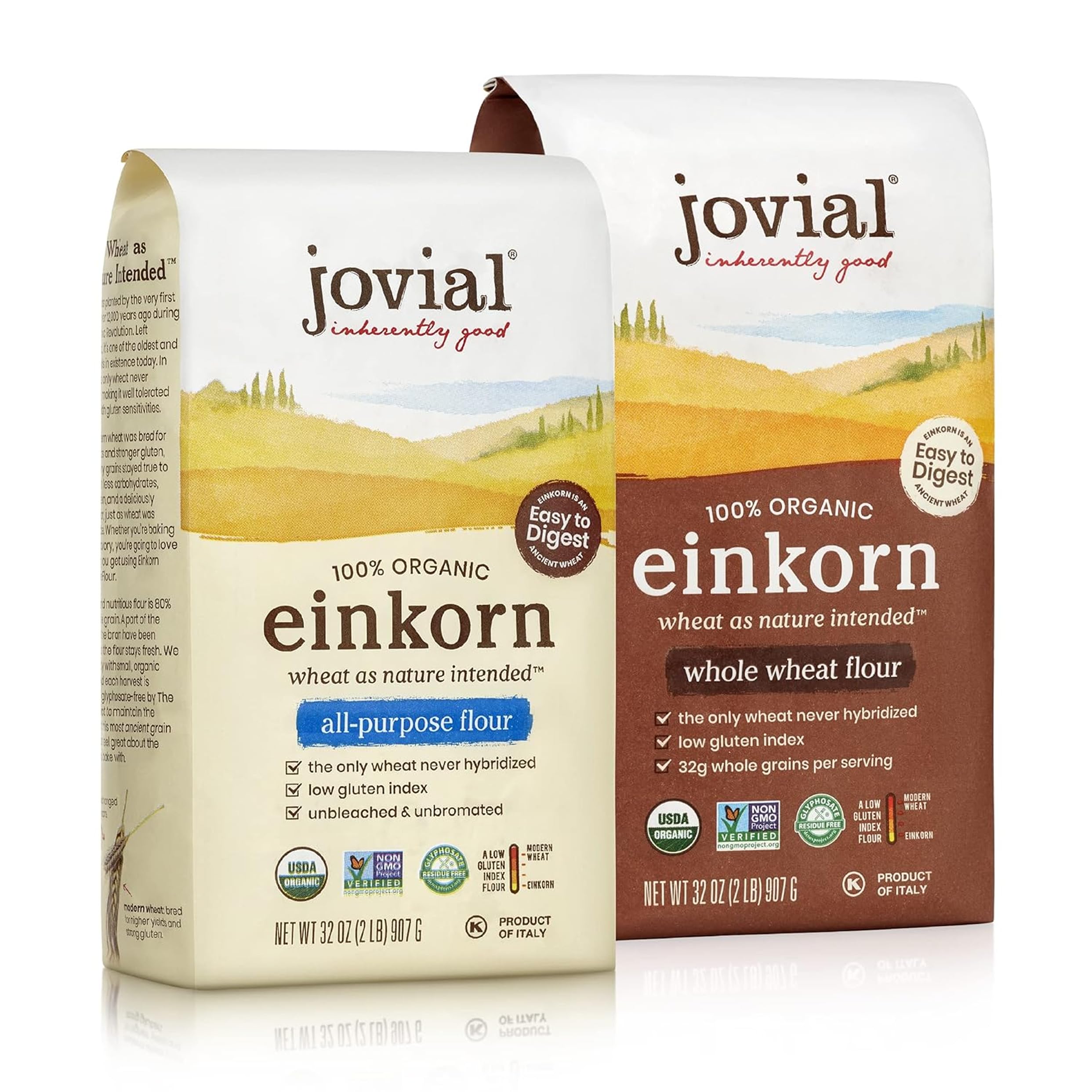 Jovial Organic Einkorn Whole Wheat & Unbleached All Purpose Flour - Bread Baking Flour for Sourdough, High Protein, Non-GMO, Organic Pizza & Pasta, European Italian - 32 Oz, 2 Pack