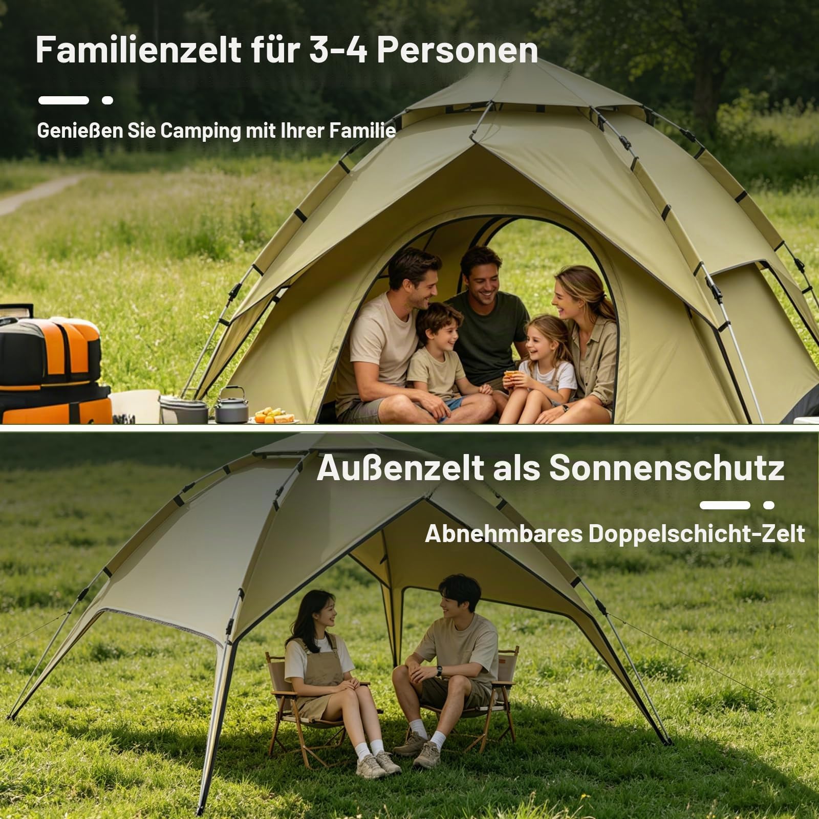 Pop-Up-Zelt für 3-4 Personen, Automatischer Aufbau in 10 Sekunden, Doppelwandiges, Wasserdichtes und UV-beständiges Kuppelzelt mit Tragetasche für Camping Wandern Strand