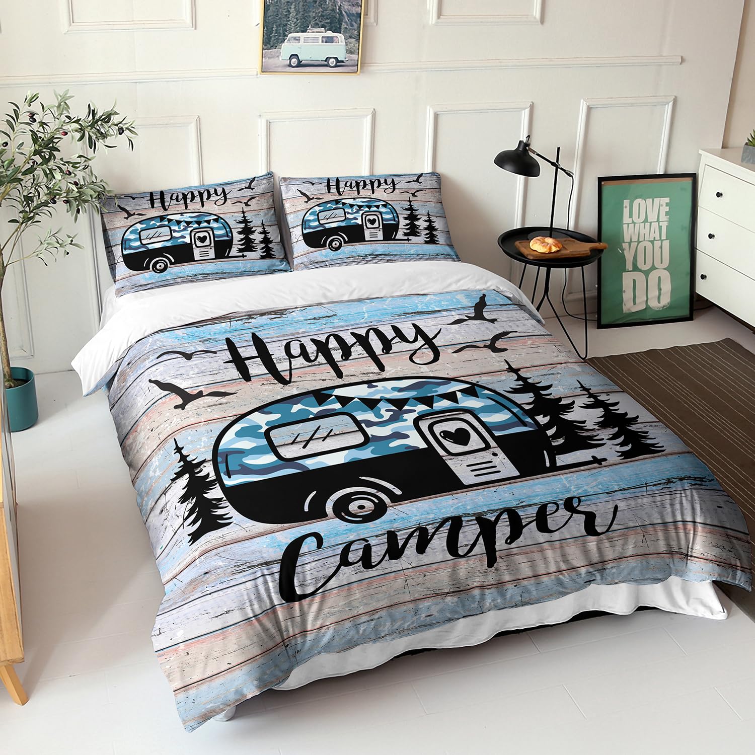 HOSIMA Set di biancheria da letto Felice Camper, 135 x 200 cm, grigio, Happy Camper, 1 copripiumino, 1 federa con cerniera, adatto per bambini, ragazzi e adulti