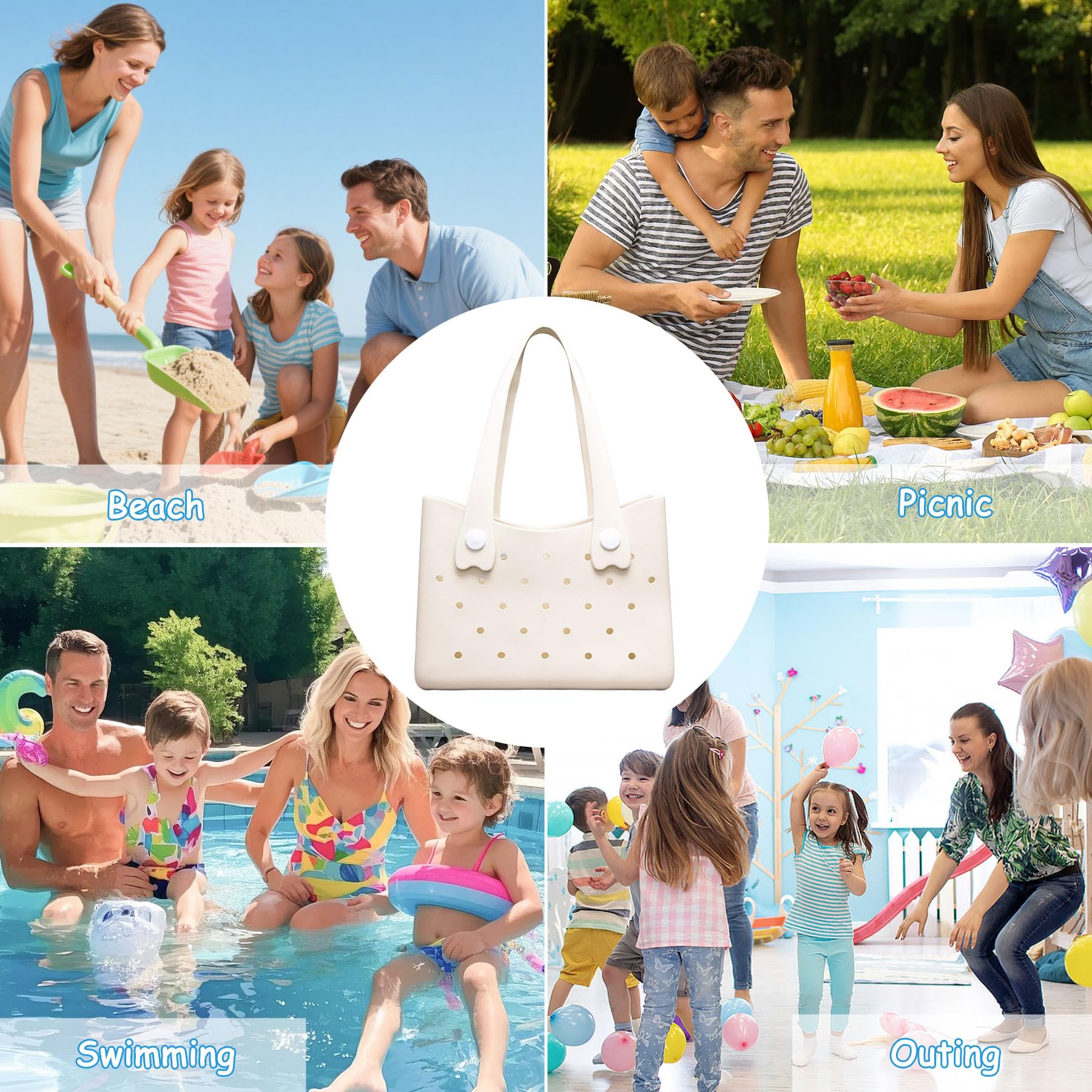 Larcenciel Strandtasche aus Gummi, wasserdichte Damen Tote Bag mit Perforiertem Design und Schultergurt, Beige Handtasche für Sommer, Reise, Pool, Boot, Arbeit, Sport, 35x27x11 cm