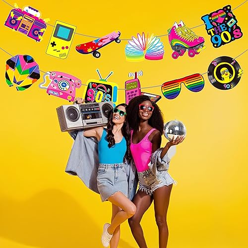 Miniatura 7 de Banners de fiesta temática de los años 90, decoraciones de fiesta de cumpleaños de los 90, 2 pancartas de fiesta de regreso a los 90 para fiesta de