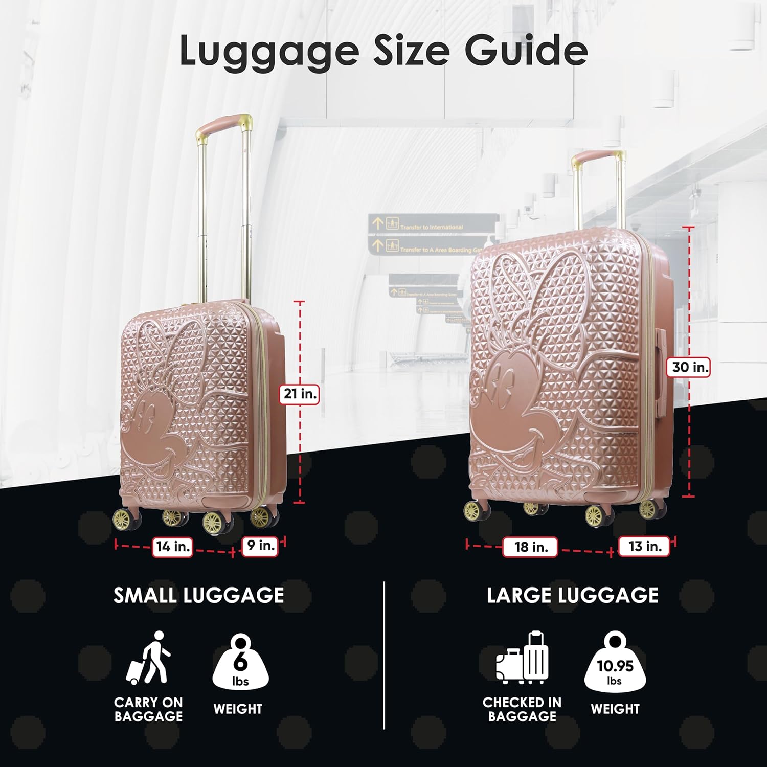 FUL Disney Minnie Mouse 2 Piece Rolling Luggage, Hardside Suitcase with Spinner Wheels, 22 and 30 Inch, Rose Gold