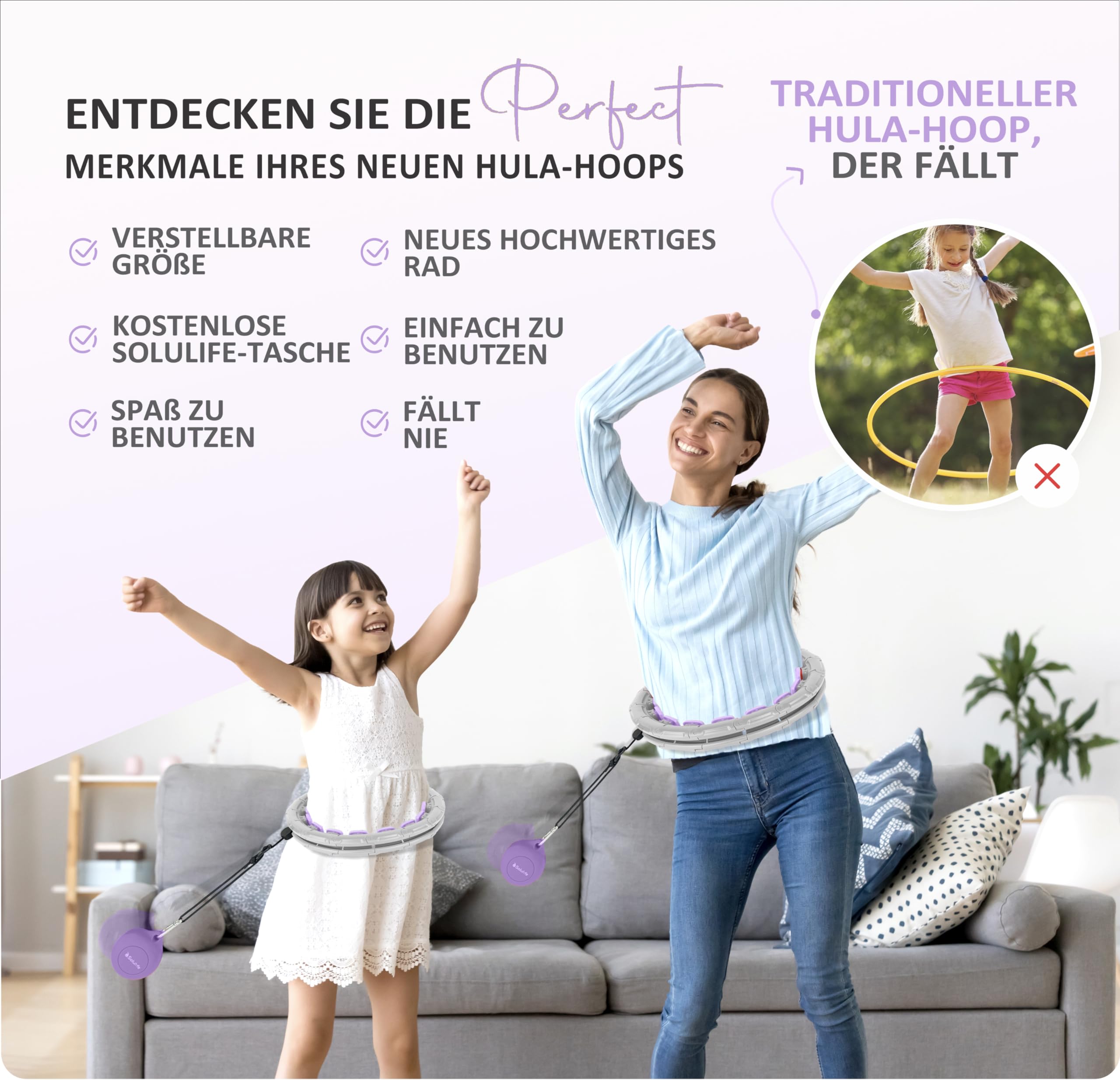 Hula Hoop Reifen Erwachsene – Hula Hoop mit Gewicht Kugel 400g, 24-teilig, verstellbar 50–120 cm, sitzt stabil, 360° Massage, Tasche/DE Anleitung/Challenge, hullahub Reifen zum abnehmen