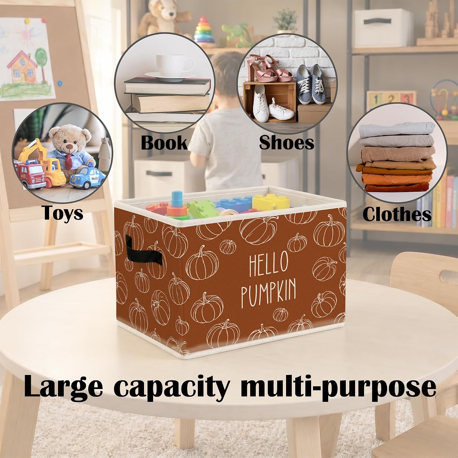 Hello Pumpkin Rustic Orange Fall Storage Bins with Handles, Farmhouse Autumn Pumpkin Collapsible Laundry Basket Organizer for Bathroom Bedroom, Vintage Fall Decorative Storage Boxes image 5