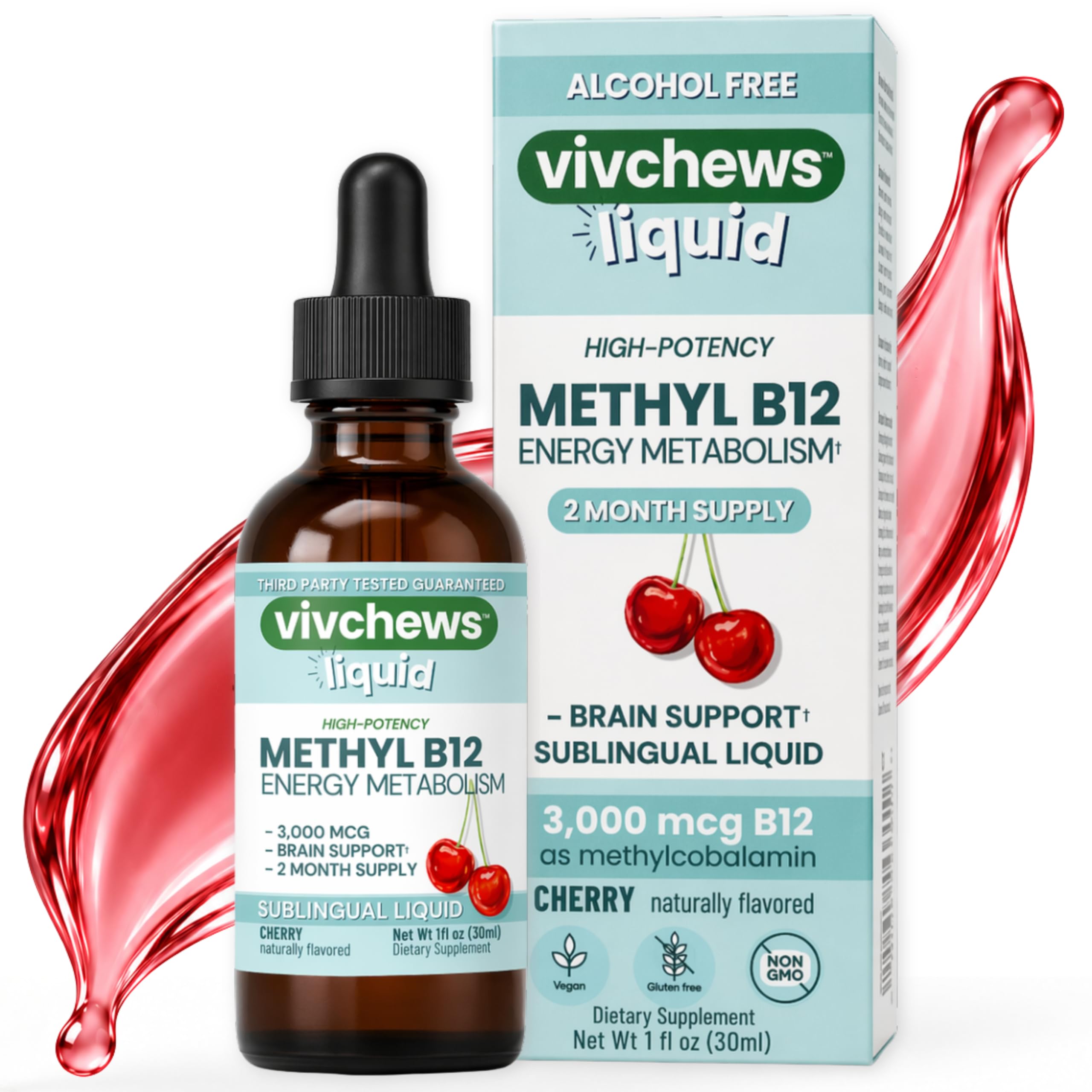 High-Potency Vegan Methyl B12 Liquid Drops for Energy & Brain Support, 3,000 mcg per Serving, Stevia-Sweetened, Non-GMO, Gluten-Free, Alcohol-Free, 2-Month Supply, Nothing Artificial