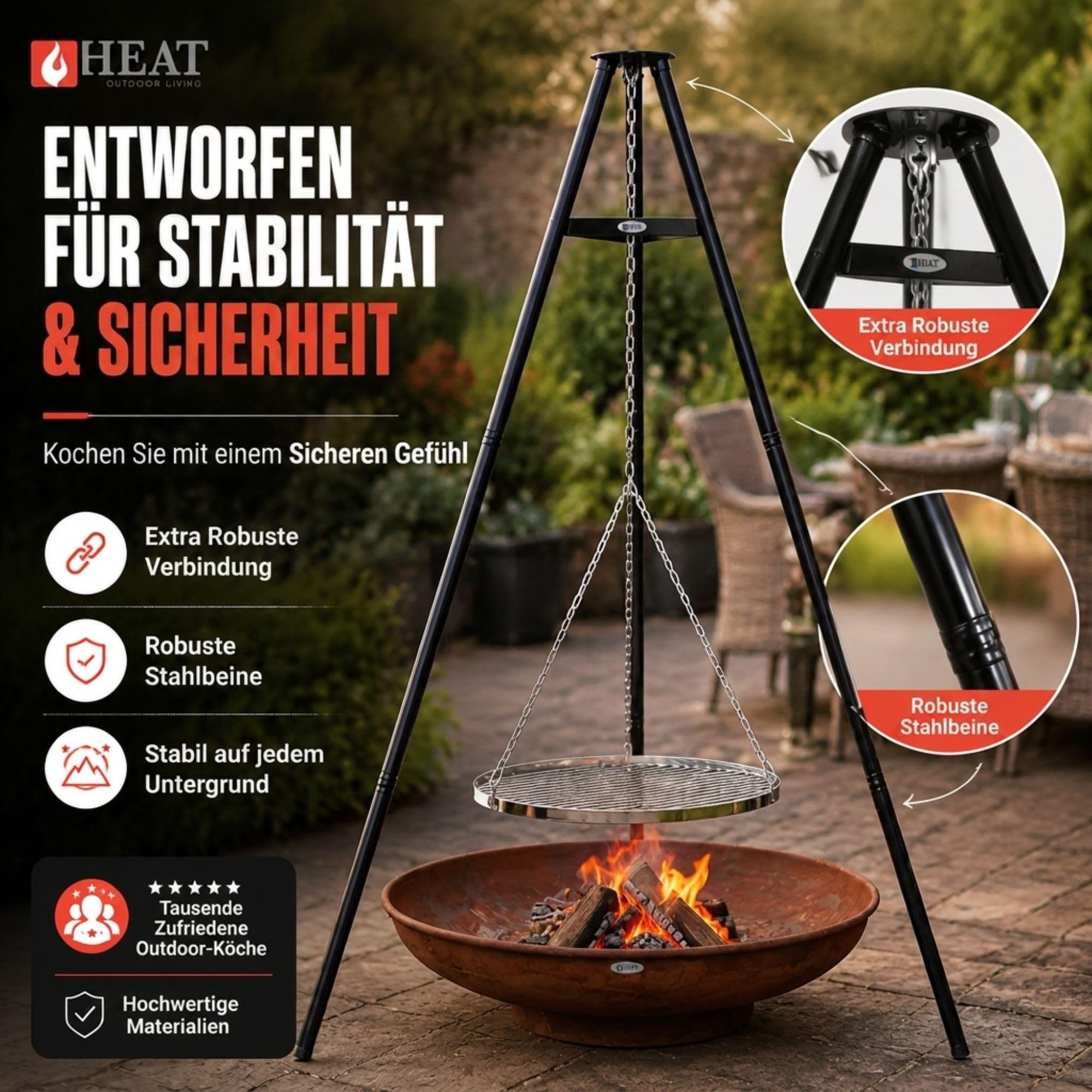 Dreibein-Grill mit Grillrost Ø 65 cm – Schwenkgrill aus Stahl – Höhenverstellbar mit Kettenzug – Stabiles Stativ für Feuerschalen, Lagerfeuer und Camping