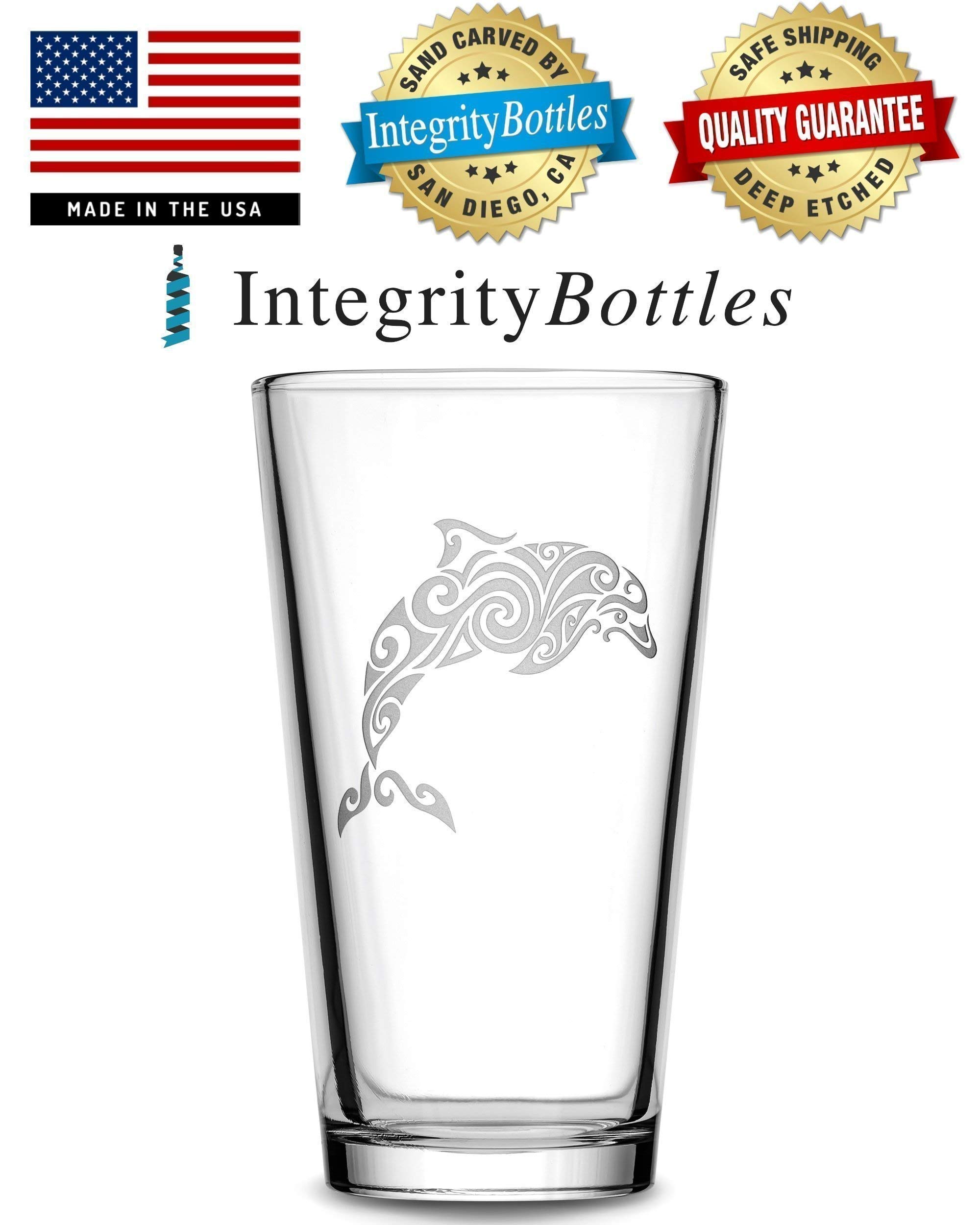 Integrity Bottles Tribal Dolphin Design Premium Pint Glass, Handmade, Handblown, Hand Etched Gifts, Sand Carved, 11oz
