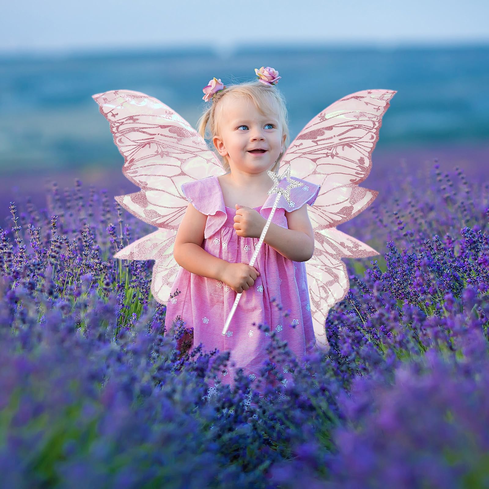 ESSECMBS 4pcs Halloween Fairy Wings Set for Girls Women Butterfly Wings Elf Ears Magic Wand Flower Headband for Cosplay (Pink - Image 4
