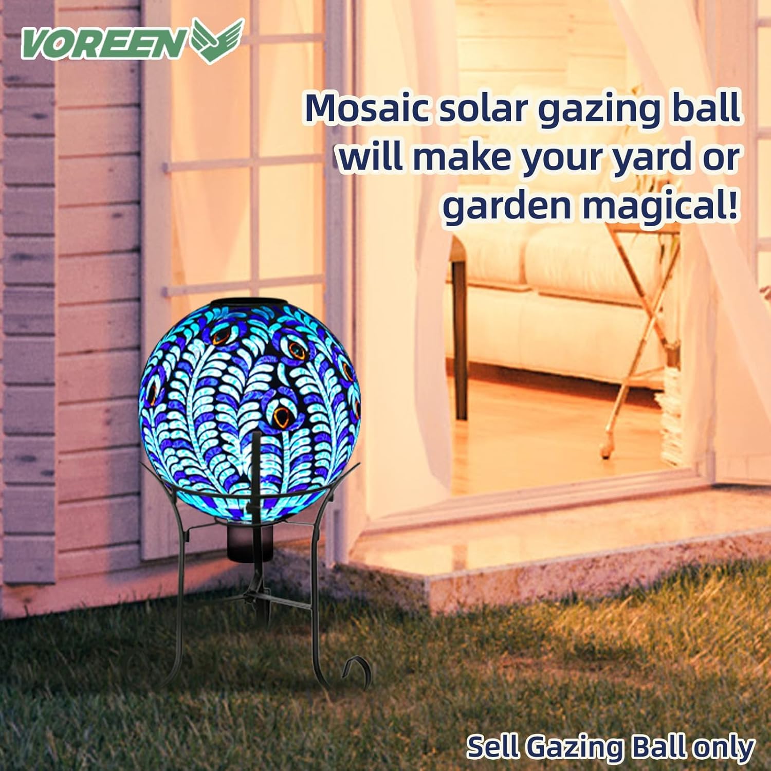 VOREEN Solar Gazing Ball, 10" Mosaic Glass Gazing Globe with Solar Light, Handmade Outdoor Patio Lawn Garden Decor Sphere, Peacock Feather Design, Blue
