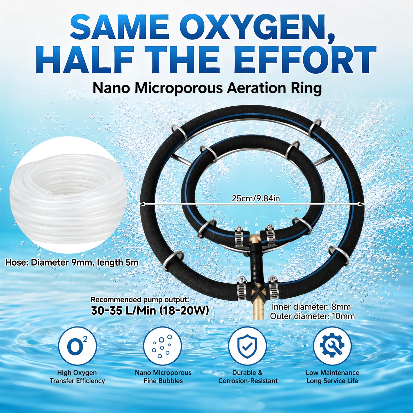 Teichbelüfterring für Koi-Teich, Teichbelüfter Solar & Laichbürsten Koi Set, Teich-Luftverteiler, Belüftungsring Ø25cm, 2-in-1 Ringe mit φ9mm 5m Schlauch für große Teiche, Aquarium | Teichzubehör