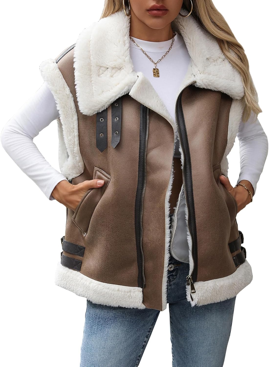 Womens Leather Fur Vest Winter Womens Warm Suede Sherpa Leather