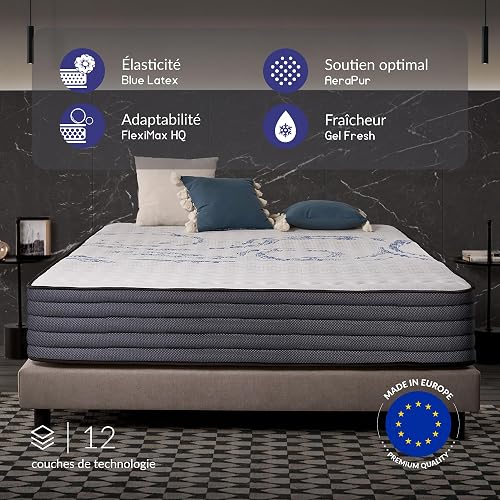 NATURALEX - Matelas PerfectSleep 180x200 - Épais 30 cm - Soutien Mousse à mémoire de Forme - Accueil Blue Latex - Confort Ferme - Respirant - 7 Zones - Réversible - Haute Densité - Fabriqué en Europe - 2