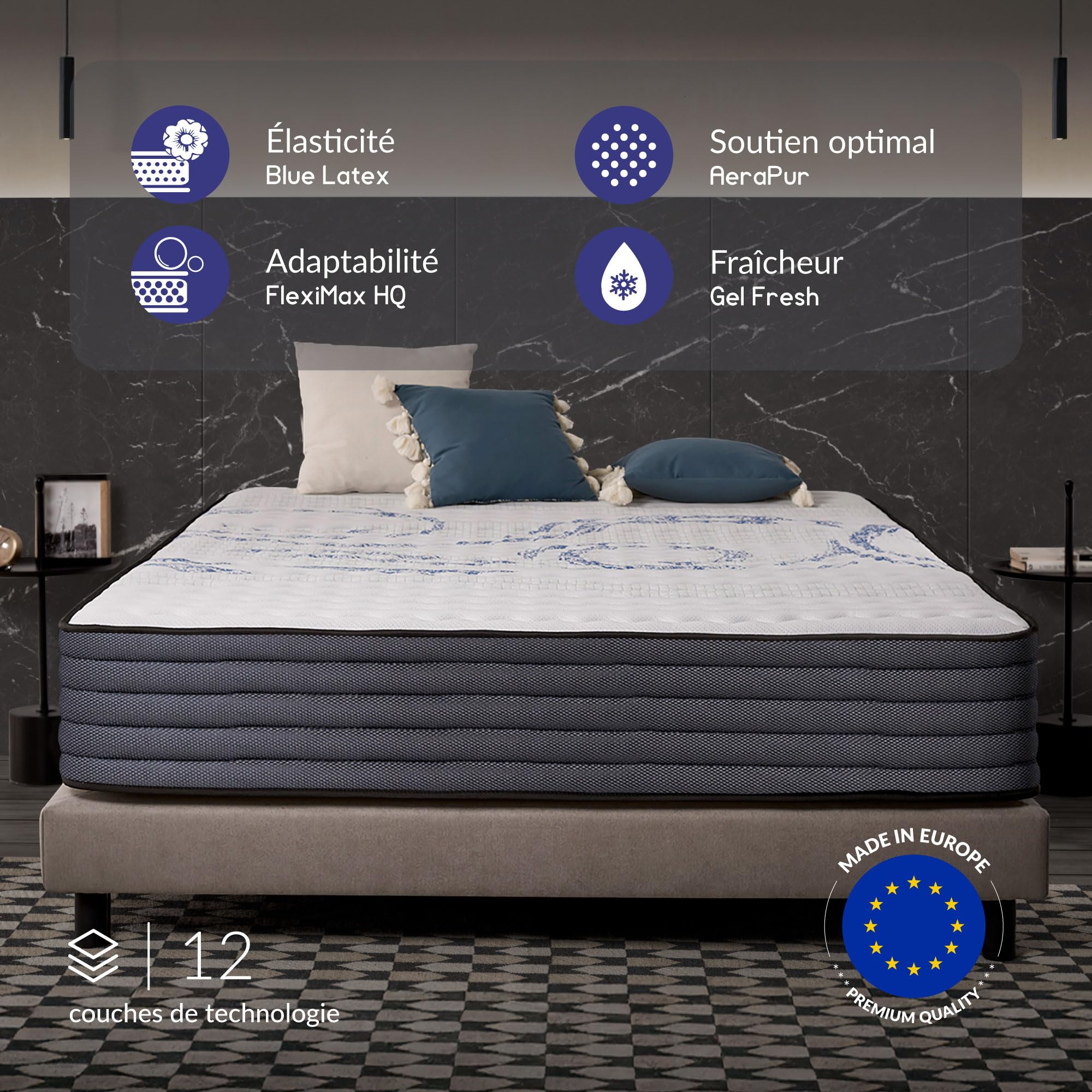 NATURALEX - Matelas PerfectSleep 160x200 - Épais 30 cm - Soutien Mousse à mémoire de Forme - Accueil Blue Latex - Confort Ferme - Respirant - 7 Zones - Réversible - Haute Densité - Fabriqué en Europe