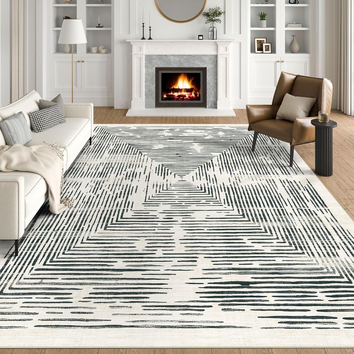 Alfombra pasillo de color crema y verde oscuro para decorar tu salón o dormitorio