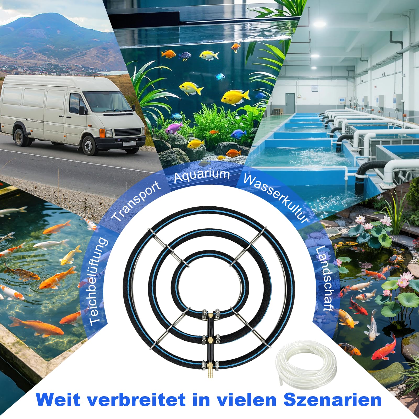 Teichbelüfterring, Sauerstoff Diffusor mit 2-Fach Ring, Rohrdurchmesser 8 mm Nano-Luftblasen Belüfter für Koi Teiche, Aquarien und Fischbecken, with Schlauch 5 mSilikonschlauch (35CM)
