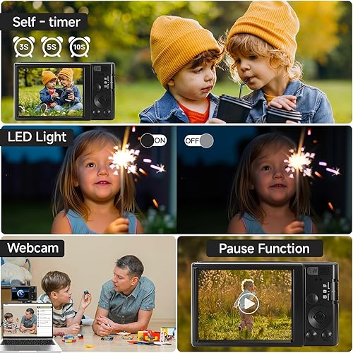 Miniatura 4 de Cámara digital 4K, cámaras negras mejoradas para adolescentes, cámara digital de enfoque automático para apuntar y disparar para niños con zoom