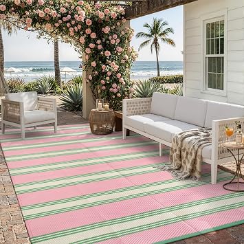 Lahome Striped Outdoor Rug 8x10 Patio Waterproof, Pink Outdoor Patio Rug