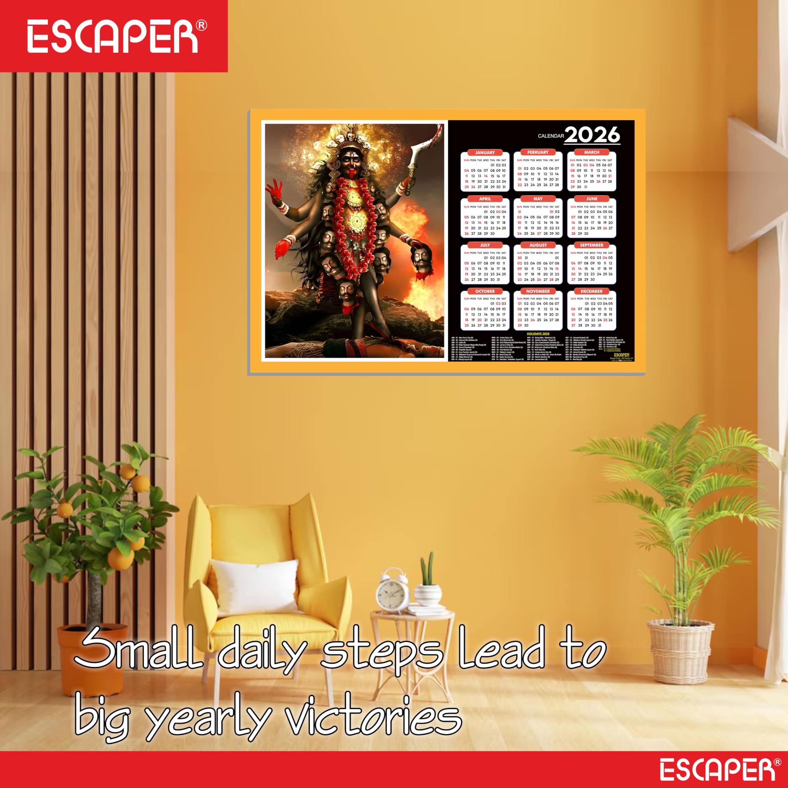 ESCAPER Göttin Lakshmi Wandkalender 2026 - 45 x 30 cm, Laxmi Ji, Laxmi Devi, Durga, Saraswati & Kali Mata Fotos, religiöser Wandkalender für Zuhause, Büro & Pooja Zimmer