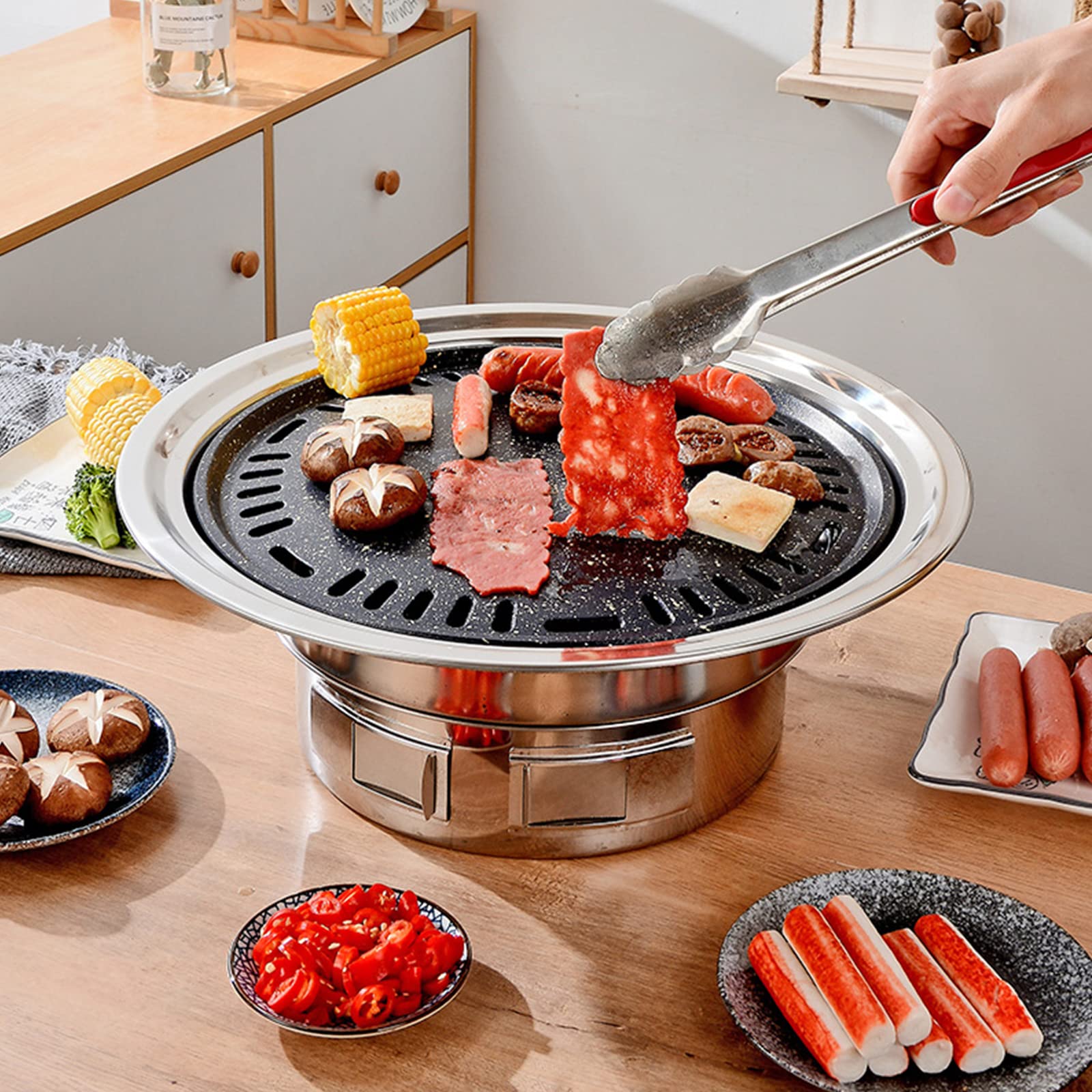 33 cm koreański grill węglowy, wielofunkcyjny, okrągły, kempingowy, bezdymny grill stołowy, z czystą siatką i tacą, do gotowania na świeżym powietrzu