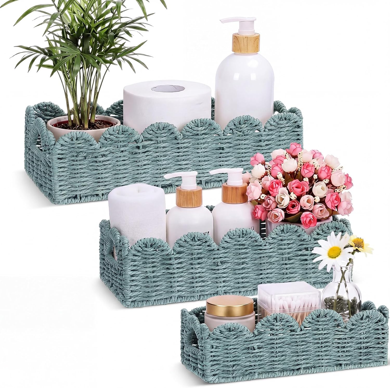 Boao 3 Pcs Boho Storage Wicker Baskets Handmade Woven Decorative Paper Rope Baskets for Organizing with Handle Countertop Toilet Paper Storage Container for Toilet Tank Top (Smoggy,Fan-shaped)