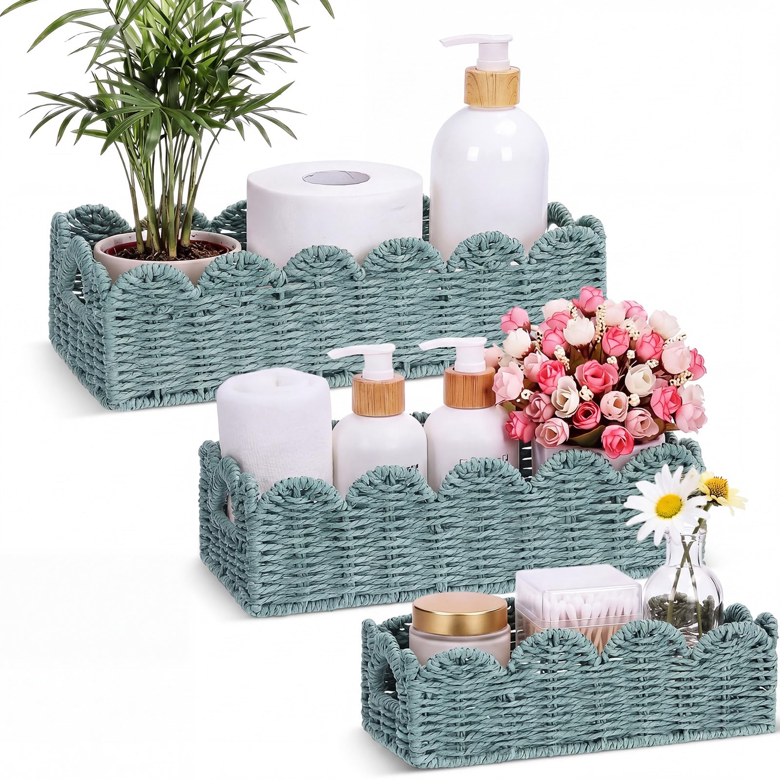 Boao 3 Pcs Boho Storage Wicker Baskets Handmade Woven Decorative Paper Rope Baskets for Organizing with Handle Countertop Toilet Paper Storage Container for Toilet Tank Top (Smoggy,Fan-shaped)