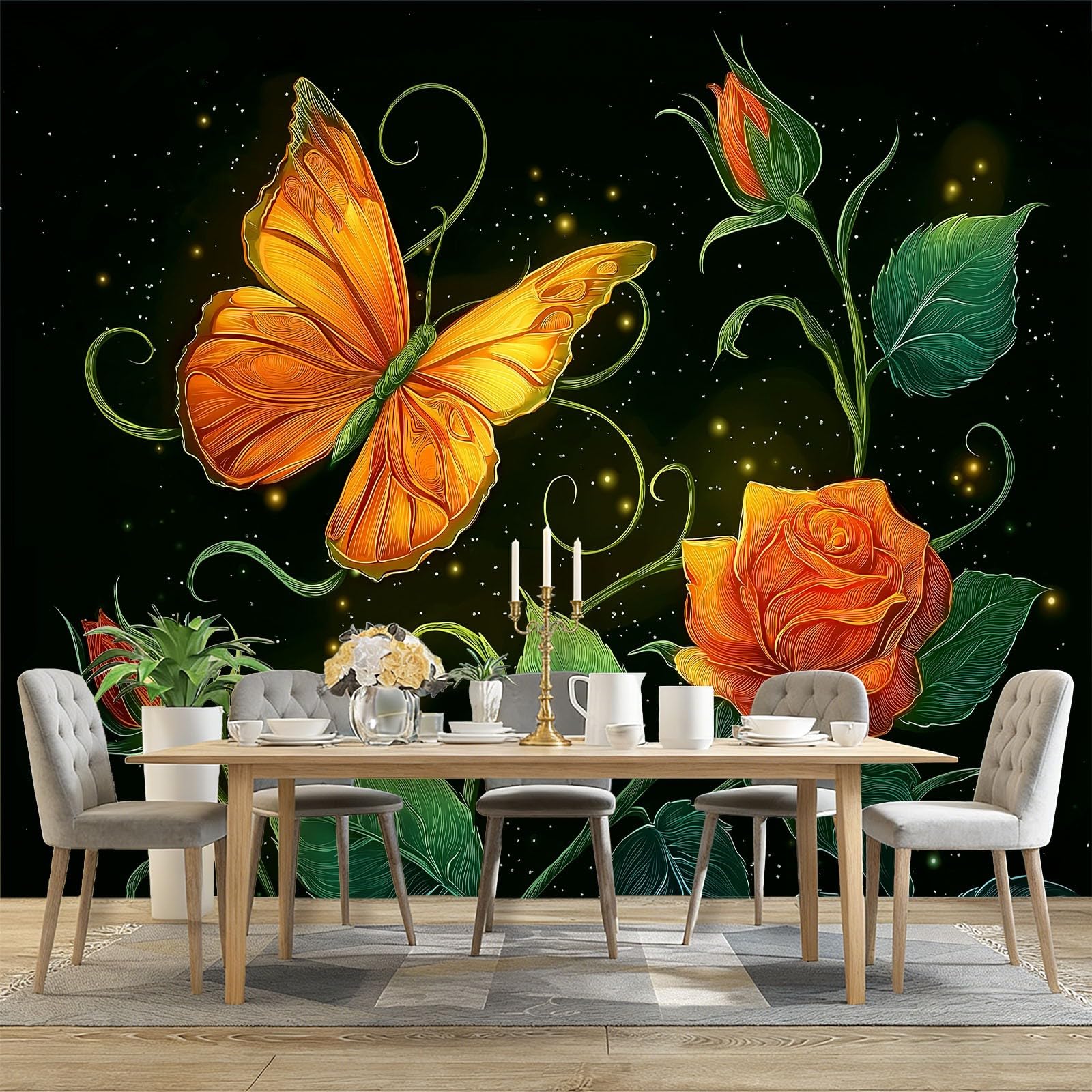 Tapeta z motywem 250 x 175 cm, kreskówkowy motyl fantasy, radosna tapeta z motywem do pokoju dziecięcego i kącika do majsterkowania, pomarańczowo-zielona