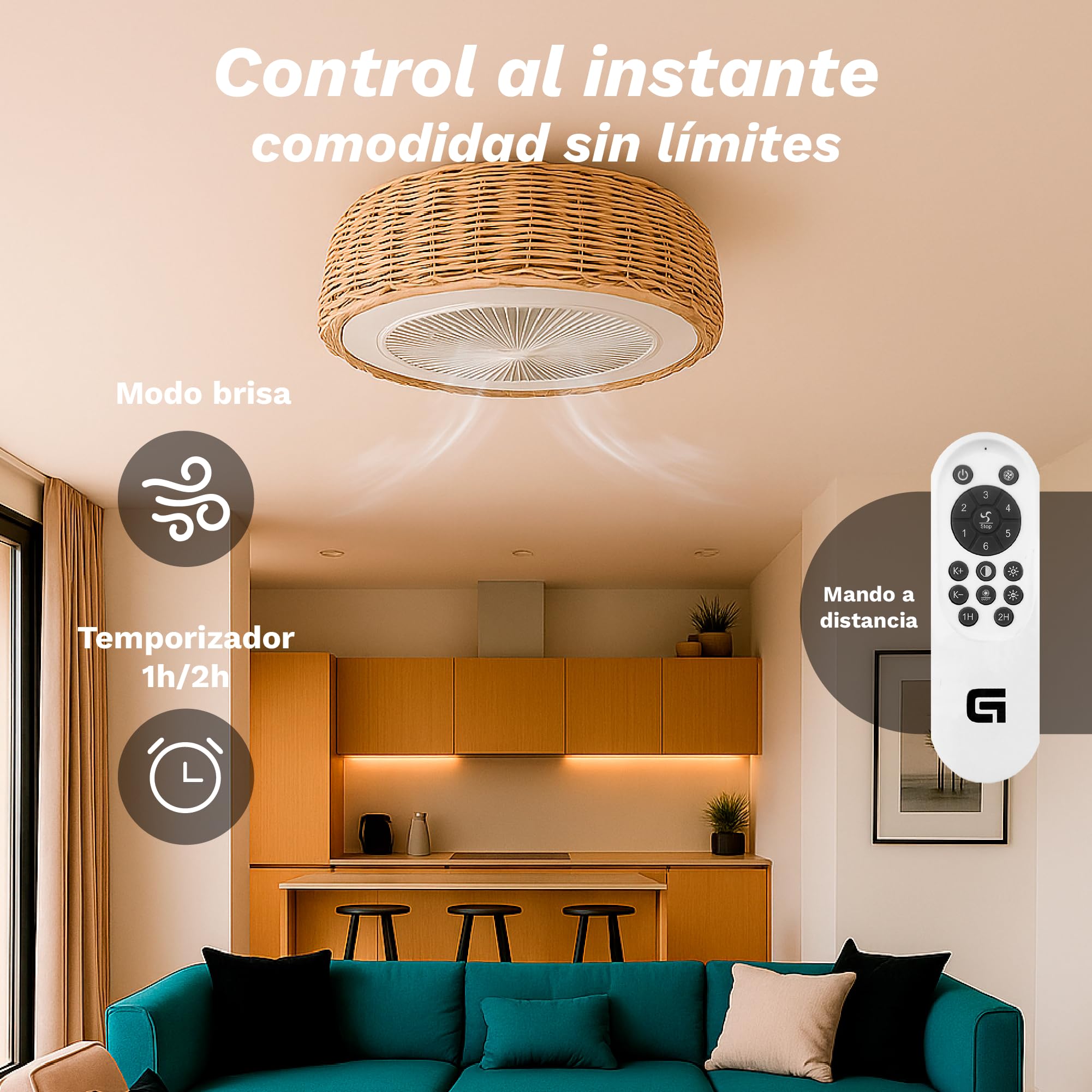 Grunkel Ventilador de Techo SKYWIND-20M con Luz LED, 50 cm, 6 Velocidades, Mando a Distancia, Diseño Ratán, Blanco