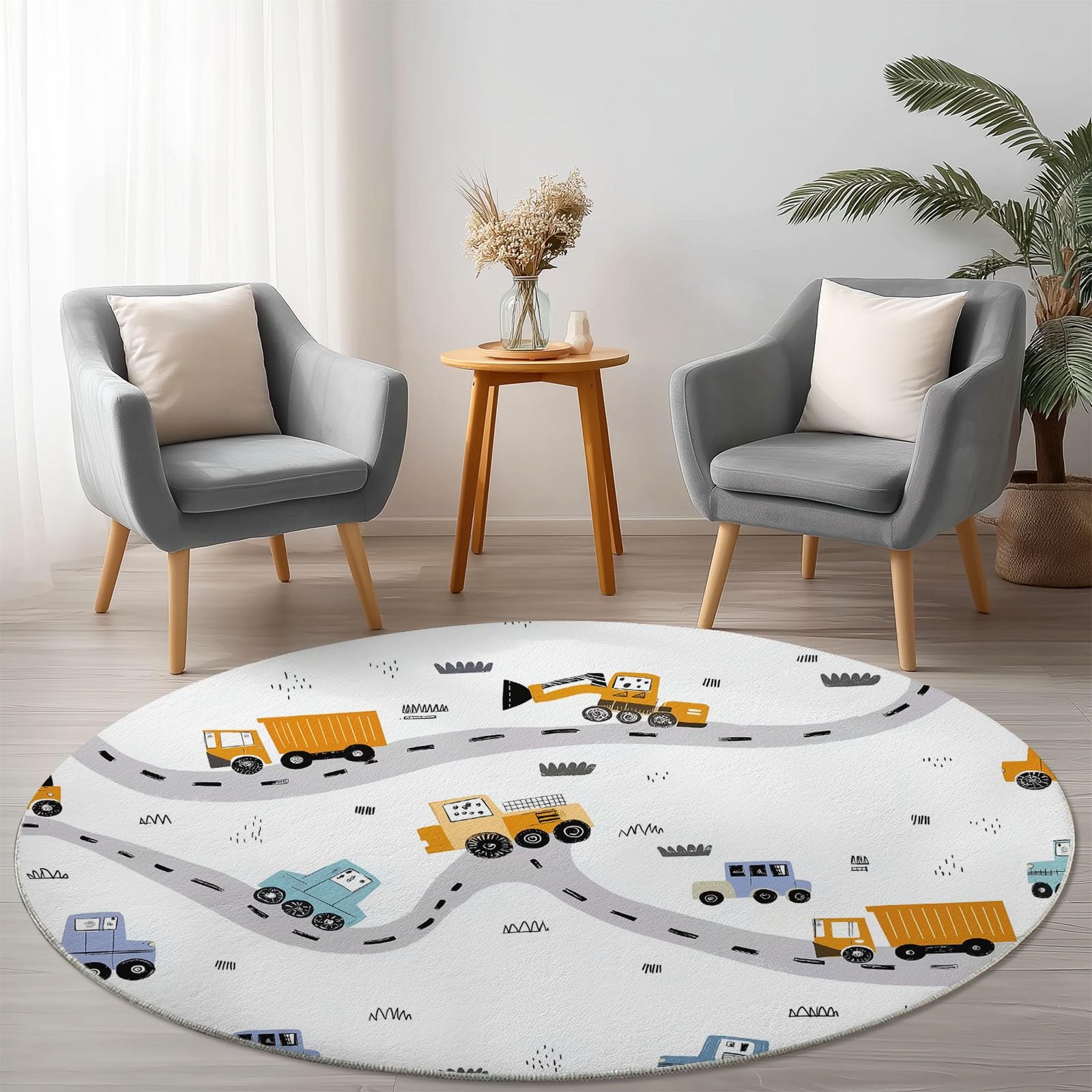 Tappeto Rotondo Salotto, Modello Cartone Animato Camion Da Costruzione Strada Tappetini antiscivolo circolari e morbidi, Tappeto Rotondo per Cameretta Cucina Casa Zona Balcone Tavolino (Bianco, 120cm)