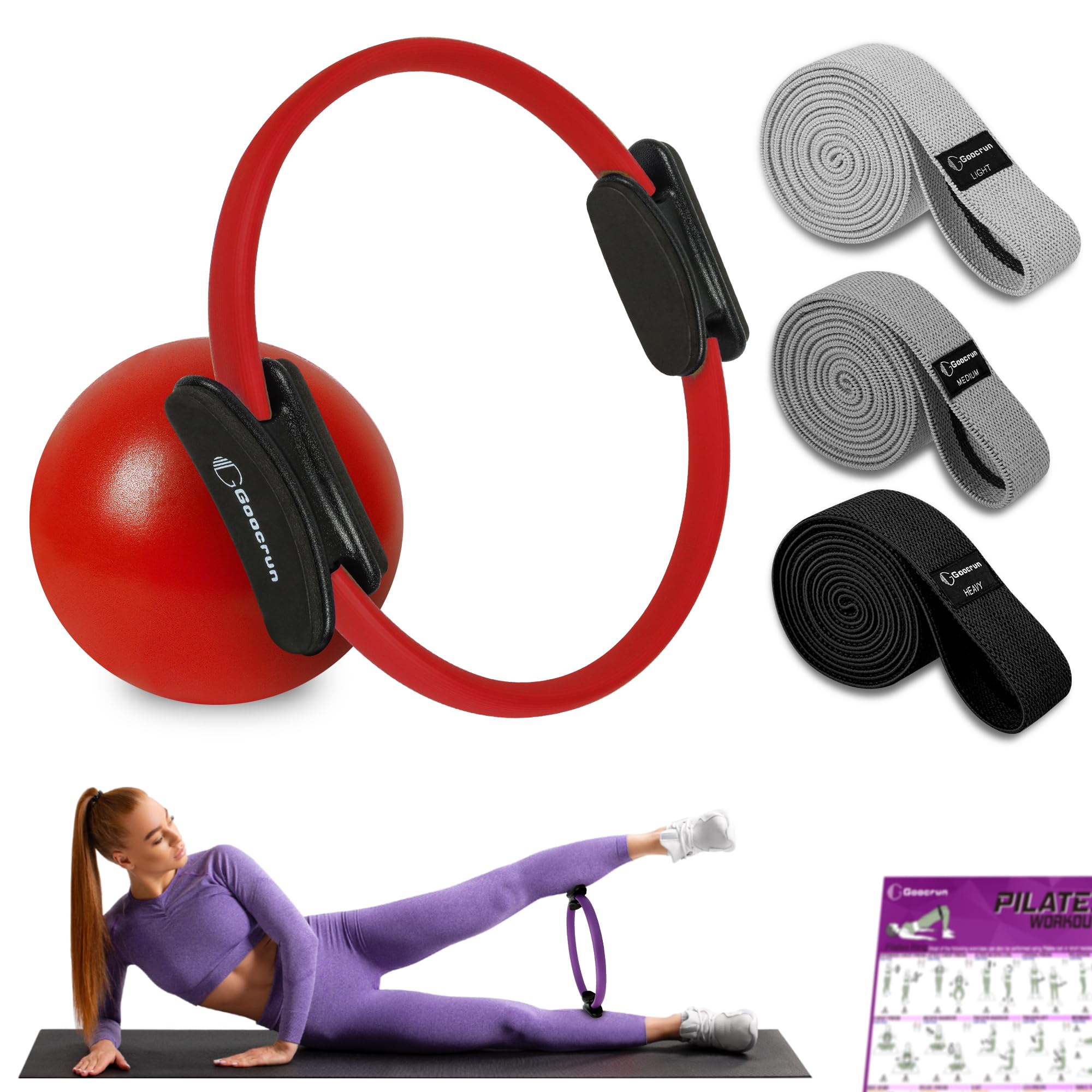 Goocrun Ensemble D'anneaux de Pilates, Salle de Sport Portable à Domicile, Comprend des Bande de résistance en Tissu, Un Ballon de Pilates et Un Disque de Glissement - avec Guide D'exercices